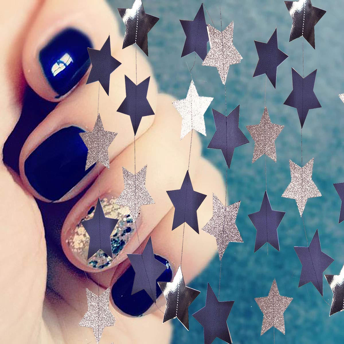 Navy Blue Glitter Silver Star Garland - 2 Pack Space Themed Party Decor for Birthday, Baby Shower & Outer Space Events | Perfect for Ceiling, Wall & Table Decorations