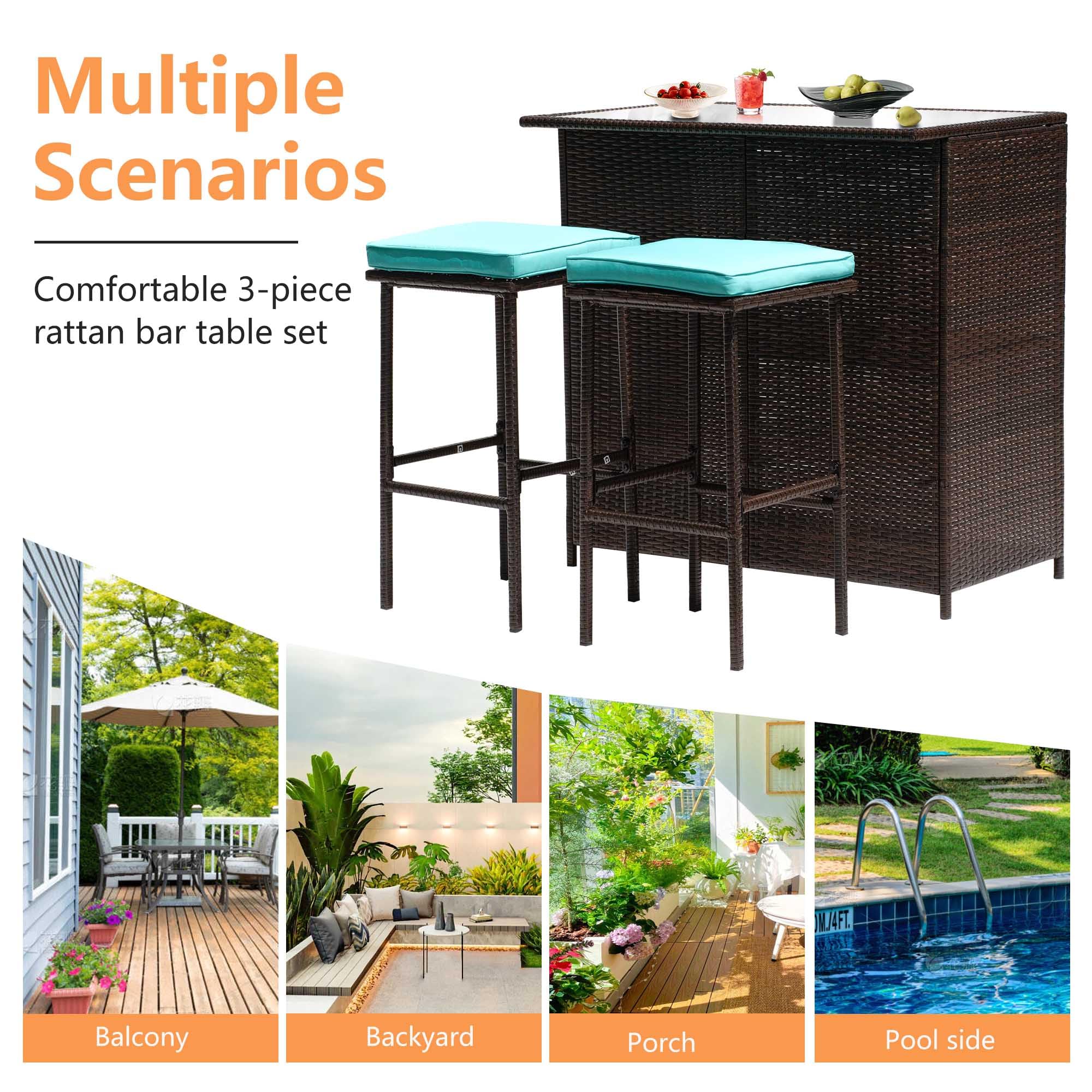 3-Piece Outdoor Bar Set - Wicker Counter Height Table with Glass Top & 2 Bar Stools - Patio, Poolside, Porch Furniture for Indoor/Outdoor Use - Blue Rattan Dining Set Perfect for Backyard Entertaining & Relaxation