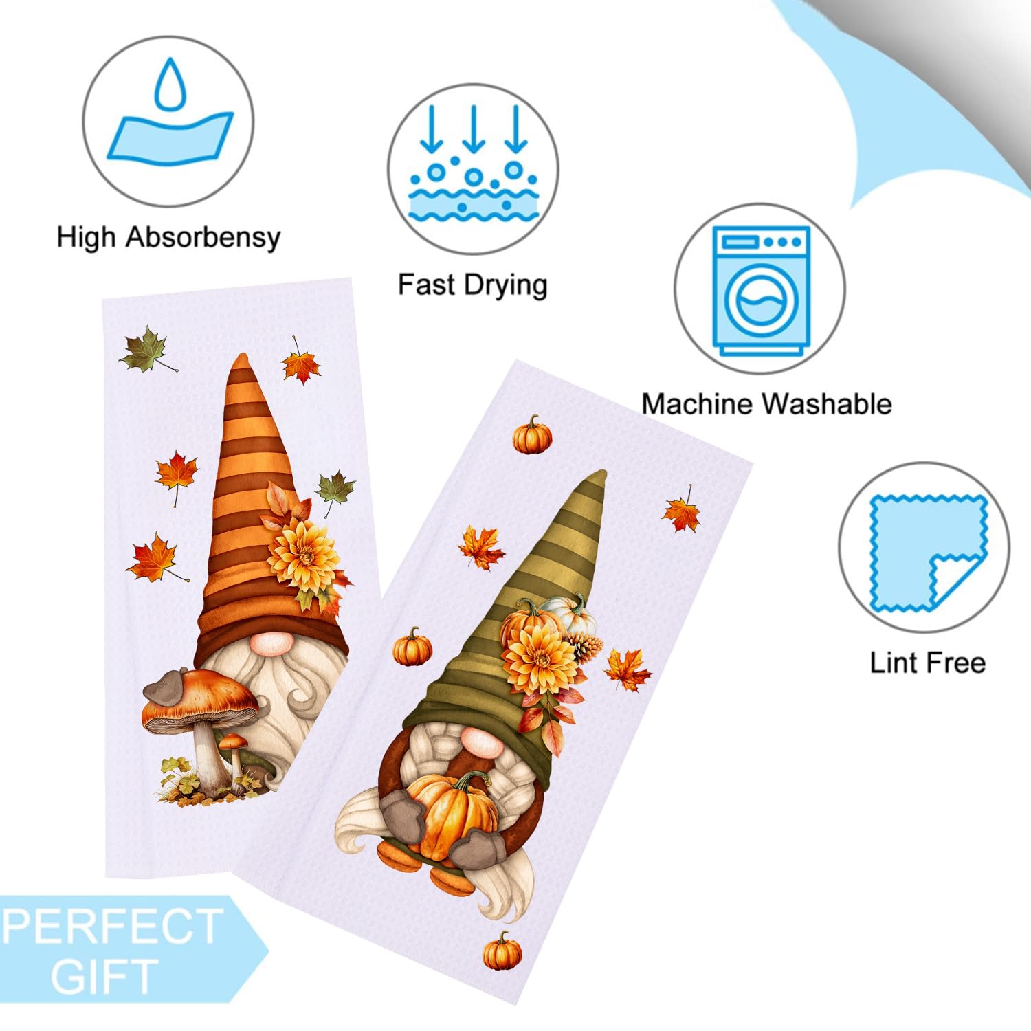 LXOMILL Fall Gnomes Kitchen Towels Set of 2 - Maple Leaf & Pumpkin Print Absorbent Dish Cloths - Cute Gnome Autumn Decor for Thanksgiving & Halloween - Perfect for Holiday Cooking, Baking & Home Decor