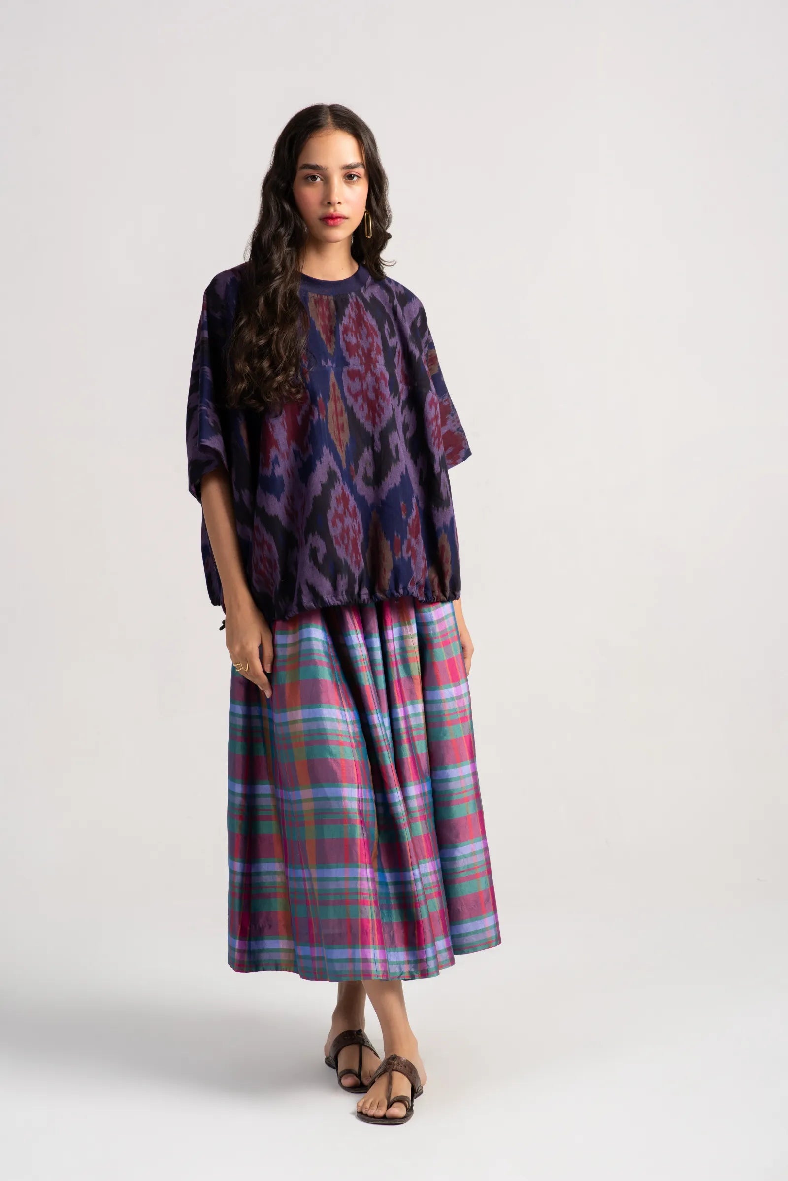 Bulbul Premium Cotton Ikat Print Dress in Navy & Wine - Perfect for Casual Outings, Beach Vacations, and Boho Chic Style
