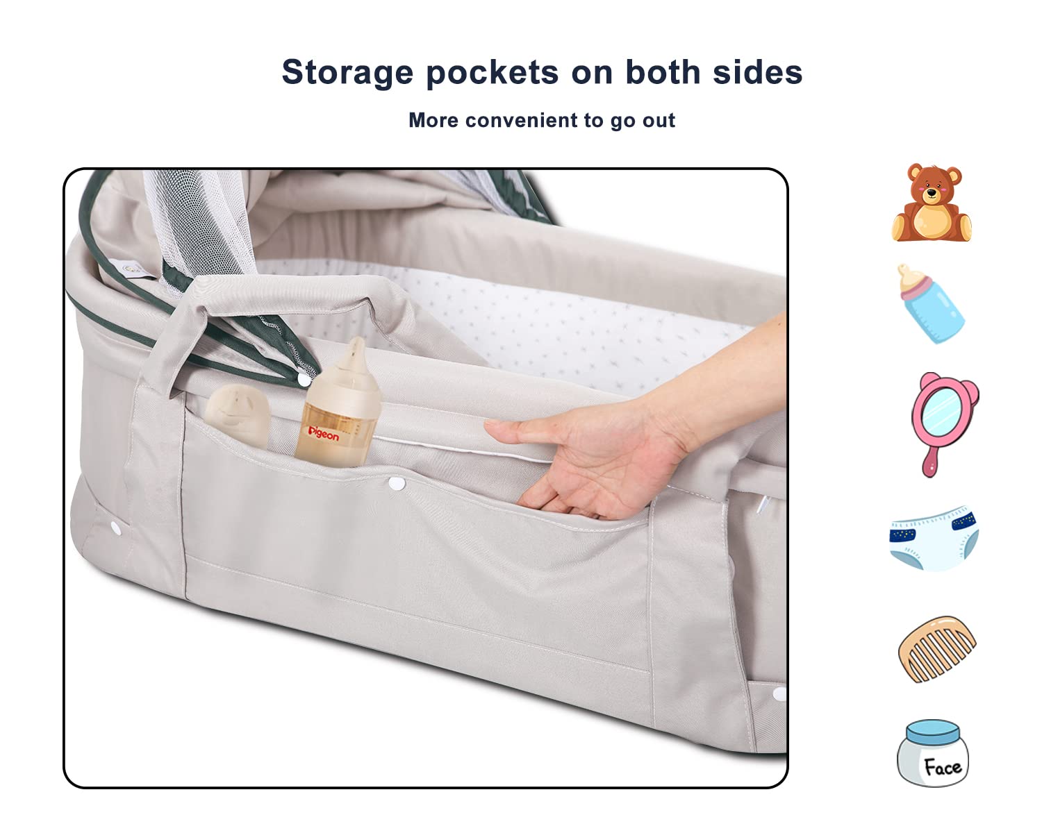 Holy Cat Portable Travel Bassinet - Foldable Baby Crib with Mosquito Net & Canopy, Lightweight & Washable for Infants (Light Grey) | Perfect for Travel, Co-Sleeping & Nursery