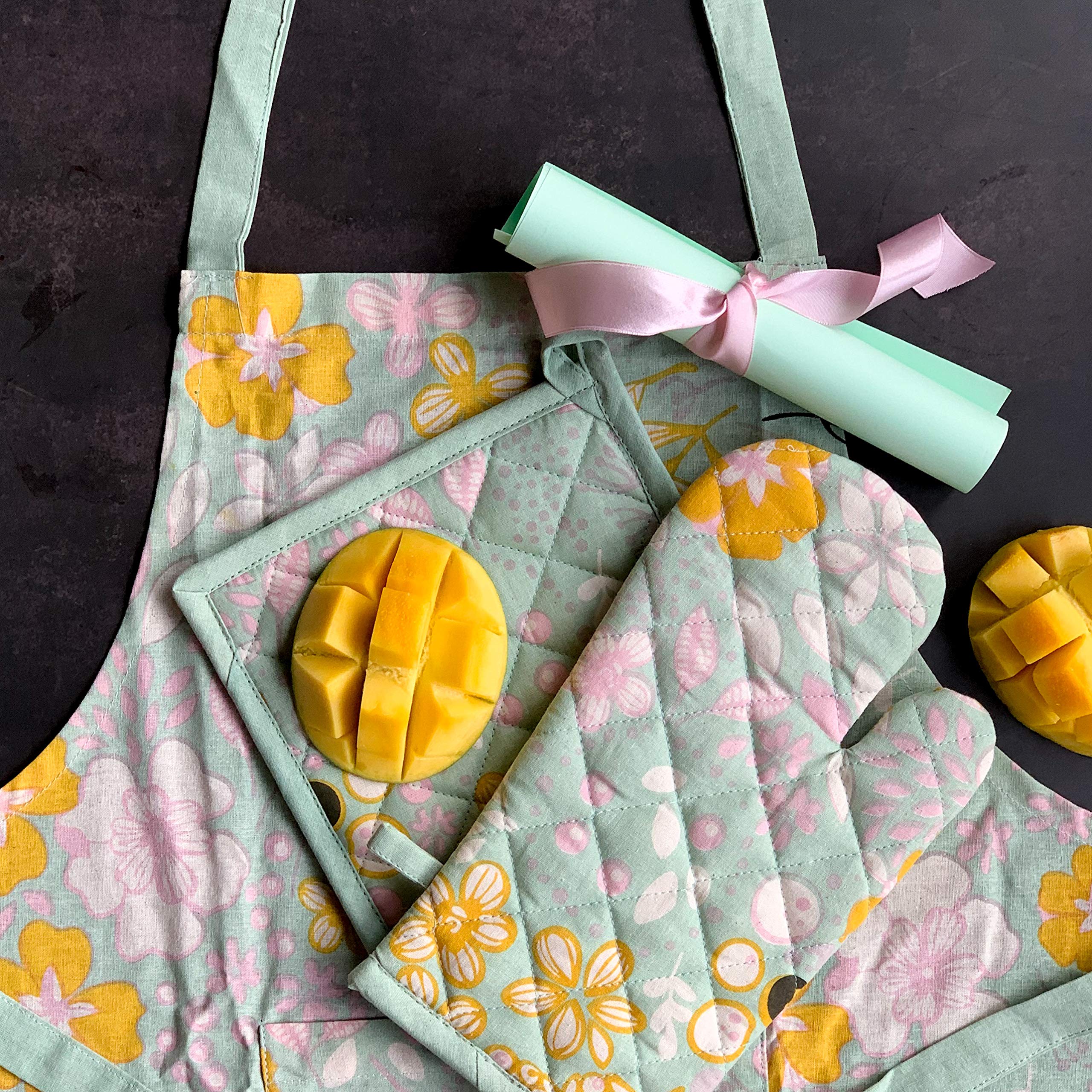 Organic Cotton Floral Print Apron Set with Oven Mitt & Pot Holder - Green | Kitchen Cooking Baking BBQ Accessories for Women & Men | Perfect for Home, Restaurant & Outdoor Grilling
