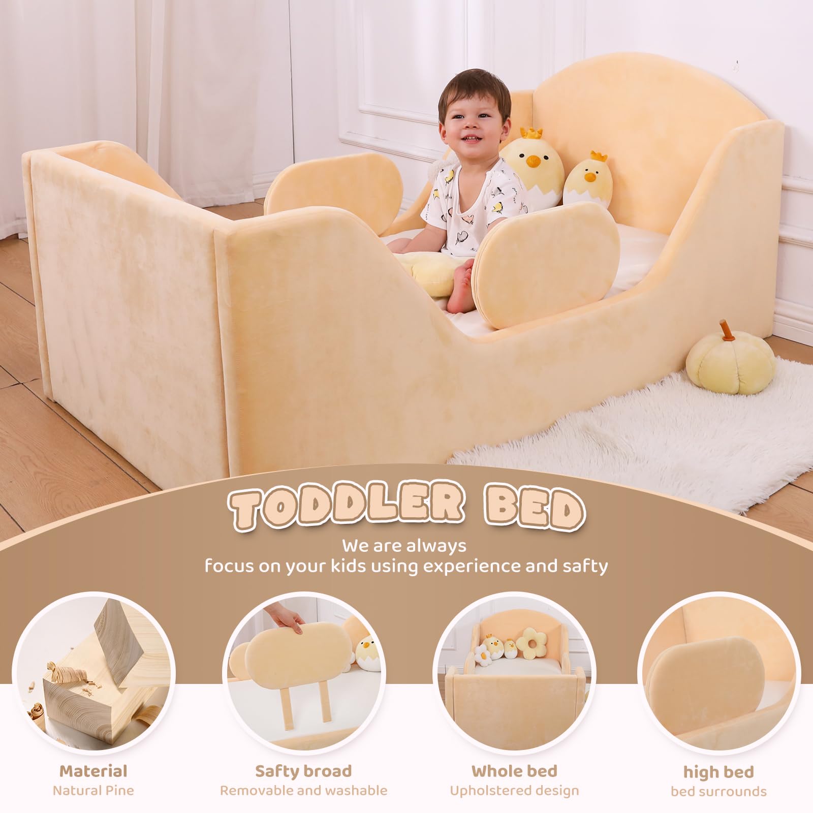 Round Toddler Bed with Safety Rail & Upholstered Headboard - Standard Crib Size Floor Bed for Kids 18 Months to 6 Years (Yellow, No Mattress Included) | Perfect for Montessori Rooms, Daycare Centers & Safe Toddler Sleep Spaces
