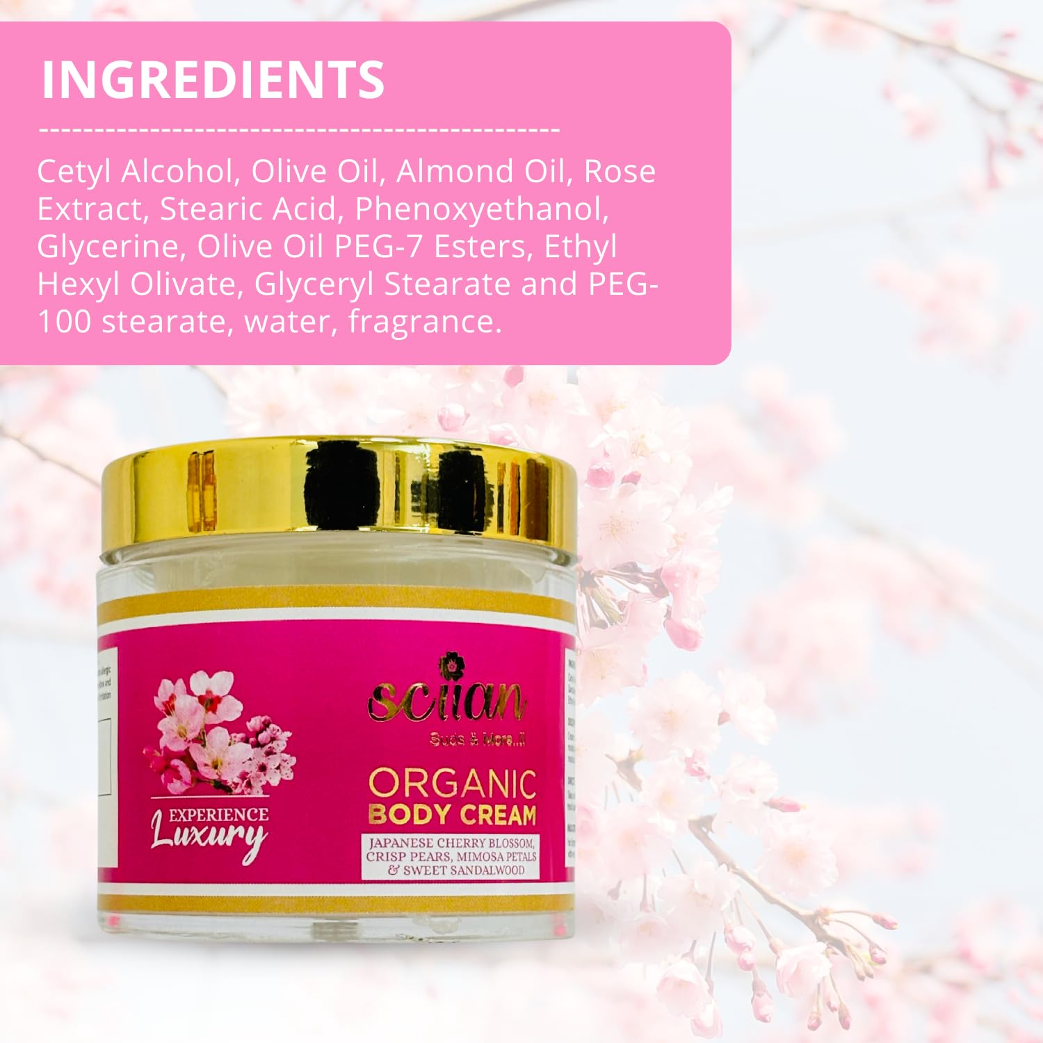 SCIIAN Japanese Cherry Blossom & Crisp Pear Body Cream with Mimosa Petals & Sweet Sandalwood - 100g Moisturizing Cream for Women, Dry Skin Care Enriched with Olive Oil & Almond Oil (Pack of 4) | Perfect for Daily Hydration, Spa Nights & Gift Giving
