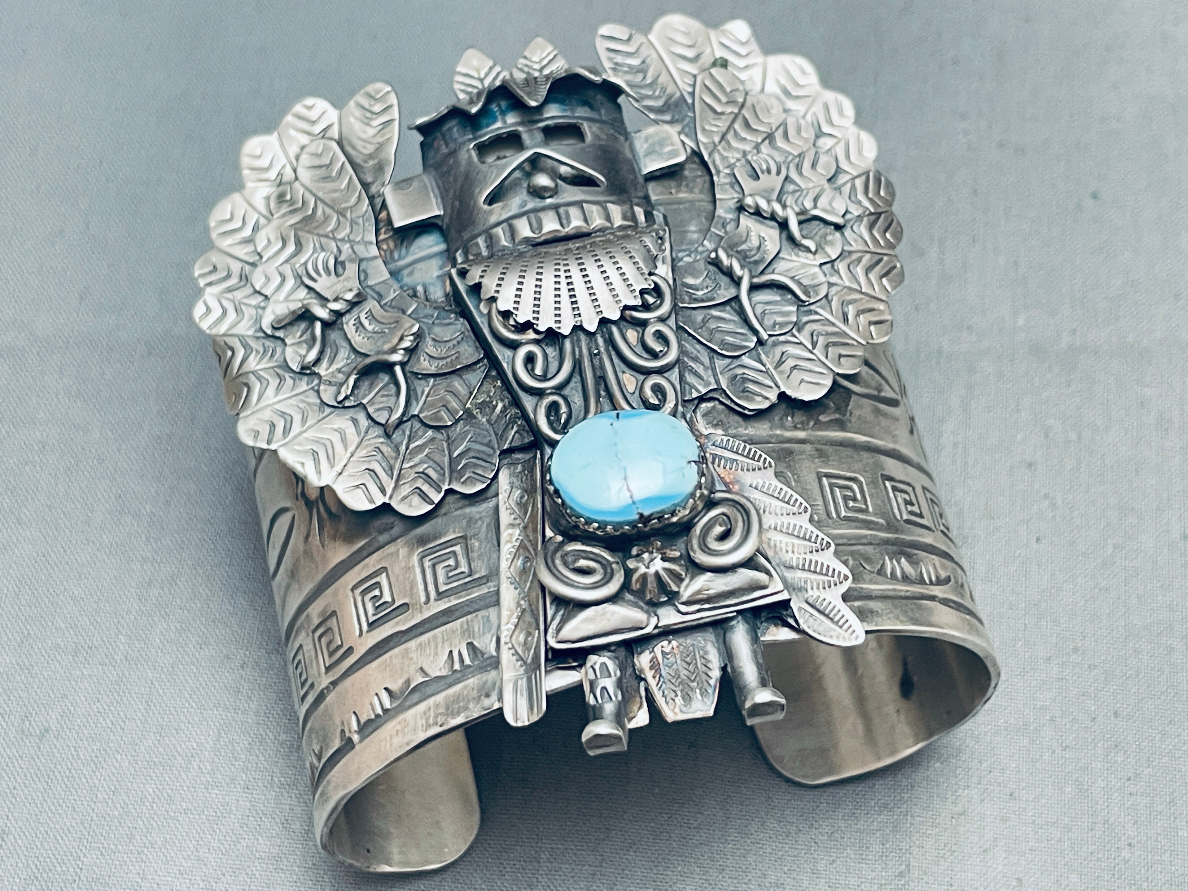 135g Heavy Navajo Turquoise Sterling Silver Kachina Bracelet - Authentic Native American Jewelry for Women, Perfect for Boho Fashion & Special Occasions