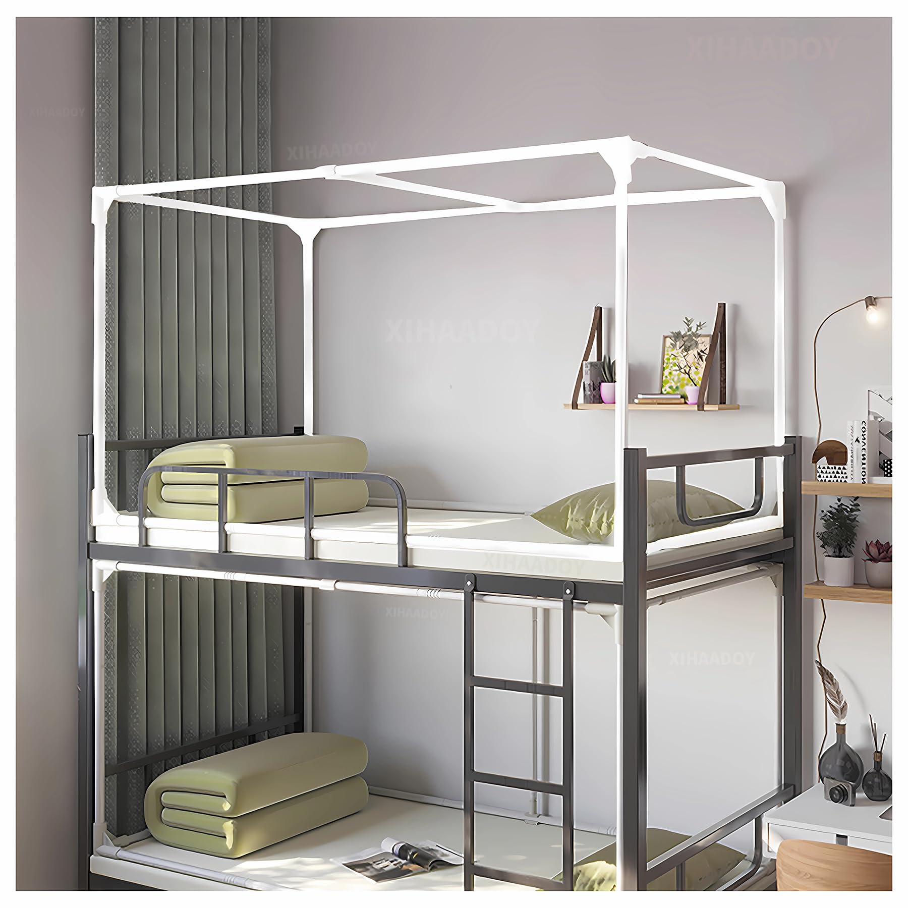 Retractable Canopy Bed Frame with 4 Corner Poles - Twin Top Bunk Bed Tent Canopy for Student Dorm | Privacy Curtain for Kids Room & Sleep Protection