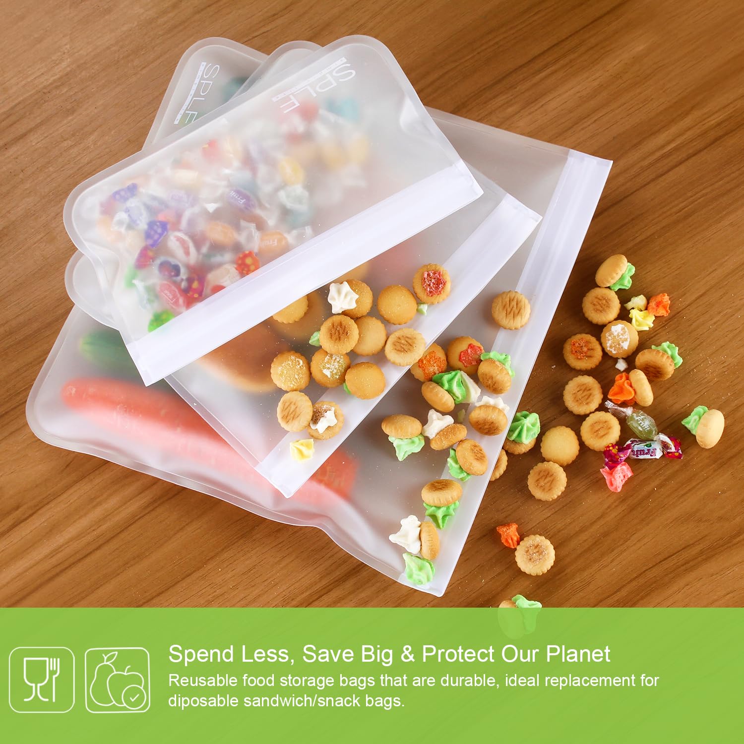 SPLF 12-Pack Reusable Food Storage Bags - 5 Sandwich, 5 Snack & 2 Gallon BPA-Free Freezer Bags | Leakproof Silicone & Plastic-Free | Dishwasher Safe for Fridge & Lunch Organization | Perfect for Meal Prep, School Lunches & Camping