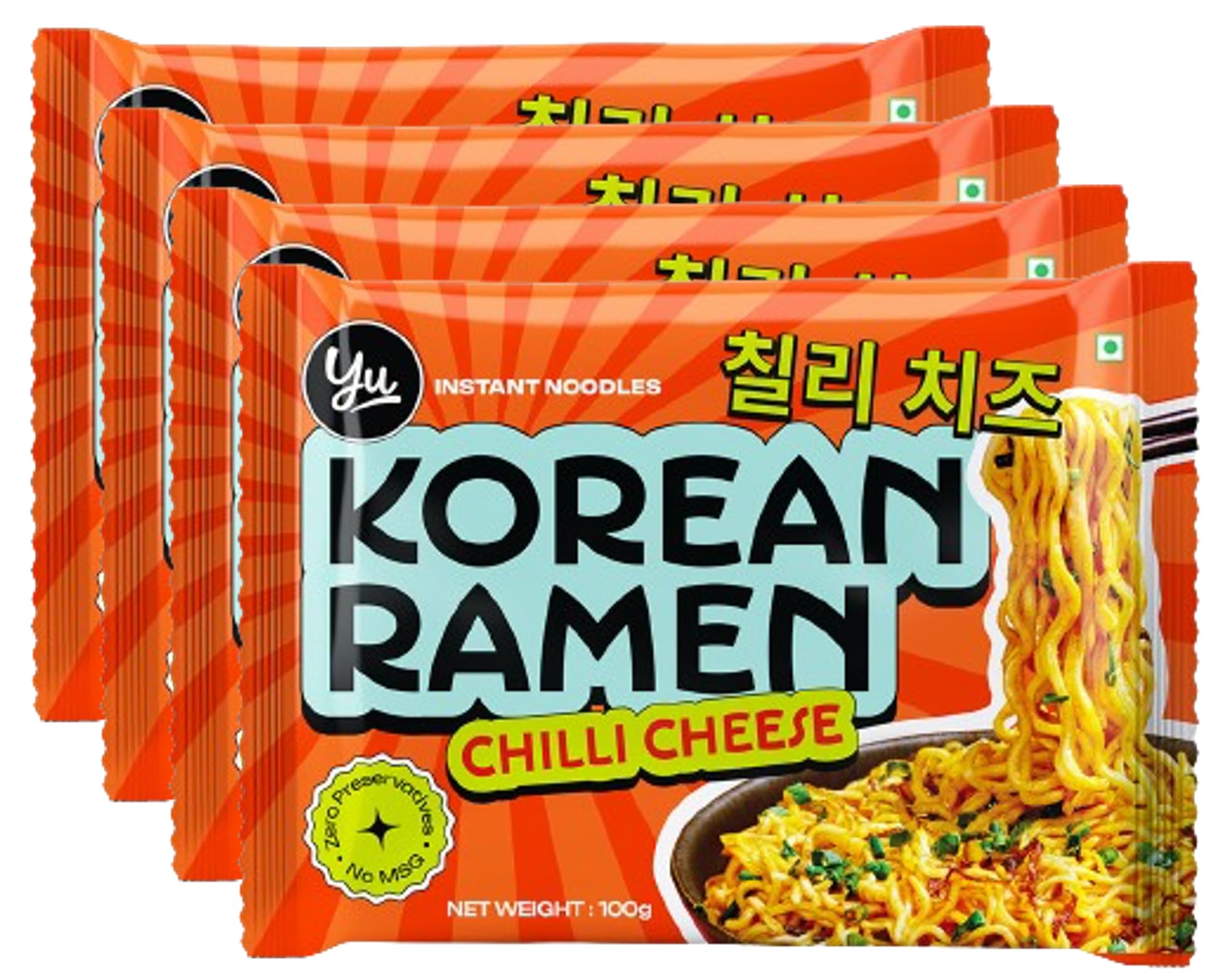Yu Foodlabs Spicy Korean Ramen with Cheese - 4 Pack (100g x 4) | No MSG, Preservative-Free | 100% Natural Vegan Instant Noodles | Ready in 6 Minutes - Perfect for Quick Meals, Late-Night Snacks & College Dorm Cooking