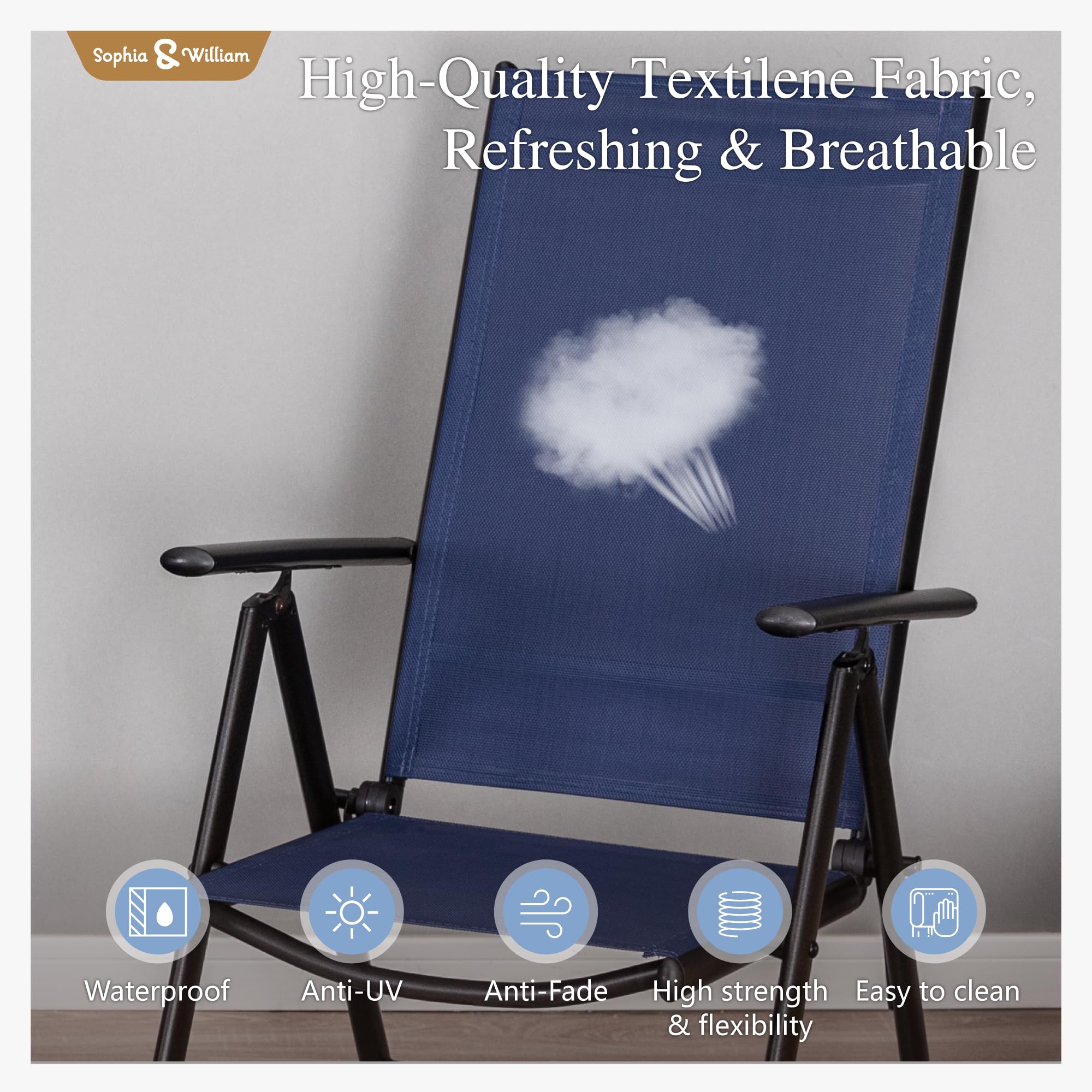 Sophia & William 4-Pack Outdoor Folding Chairs - Adjustable Patio Dining Chairs with 7-Level Reclining Backrest, Lightweight Portable Textilene Chairs in Blue - Perfect for Backyard BBQs, Beach Trips, and Camping Adventures