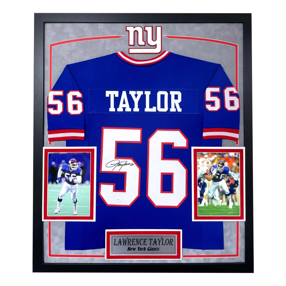 Lawrence Taylor Autographed New York Giants Blue Jersey - Framed BAS Signed Memorabilia for Football Fans & Collectors - Perfect for Man Cave, Sports Bar, or Gift for NFL Enthusiasts
