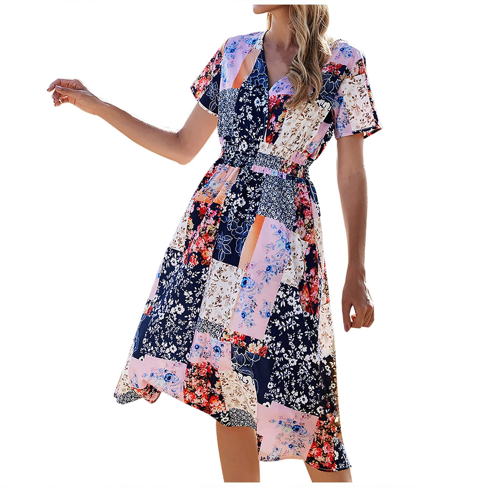 2023 Women's Floral Wrap Dress - Short Sleeve V-Neck Slim Summer Sundress | Light Blue Hawaiian Beach Dress for Vacation, Pool Party & Casual Outings