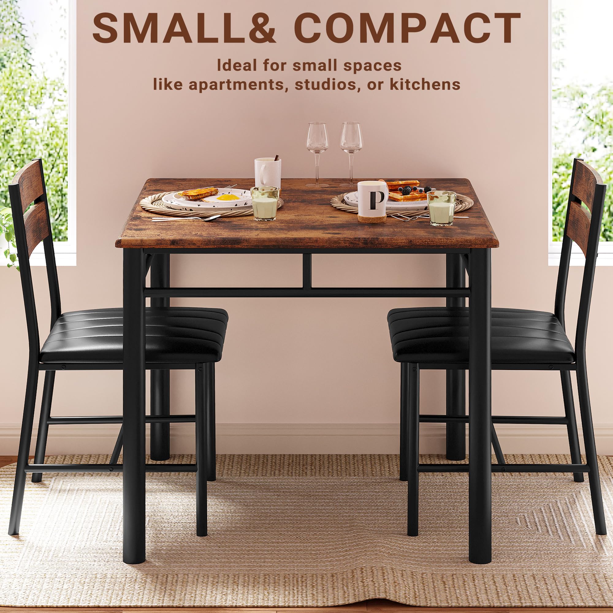 IRONCK 2-Person Dining Table Set with Upholstered Chairs - Compact Kitchen Table for Small Spaces in Rustic Brown | Perfect for Apartments, Breakfast Nooks & Cozy Dining Areas