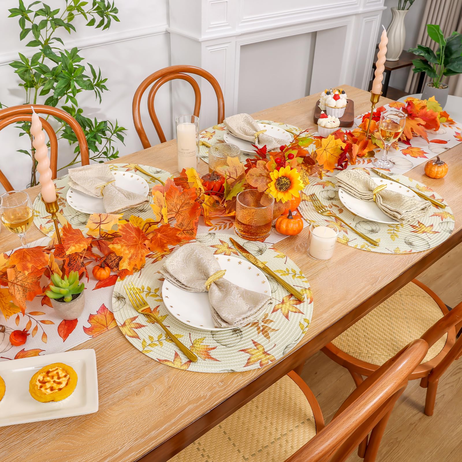 U'Artlines Fall Round Braided Placemats Set of 4 - 15 Inch Pumpkin & Leaves Design, Washable Woven Table Mats for Thanksgiving, Kitchen, Dining Table Decor | Perfect for Autumn Gatherings, Holiday Parties & Cozy Home Dining