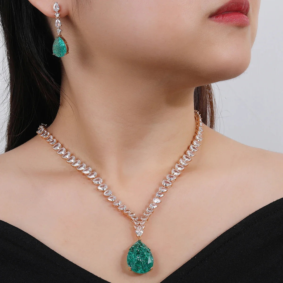 Elegant CZ Water Drop Cubic Zirconia Pendant Necklace & Earrings Set - Bridal Wedding Jewelry for Women - Perfect Gift for Anniversary, Engagement & Special Occasions (CN10536)
