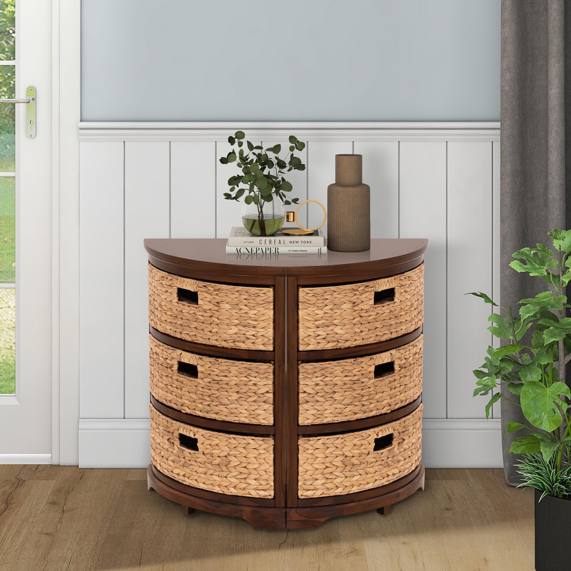 3-Tier Corner Storage Cabinet with Wicker Baskets - Hampton Meadows Walnut X-Side Table for Living Room, Bedroom & Entryway Organization