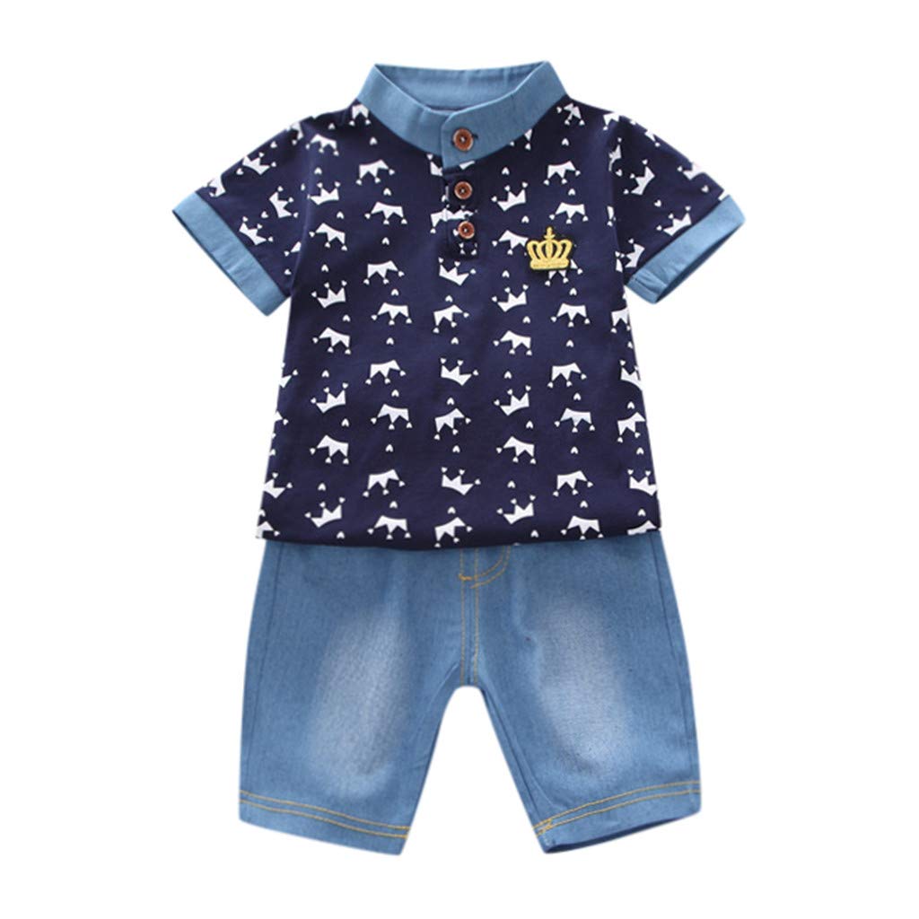 **Toddler Boys' Firetruck Crown T-Shirt & Denim Shorts 2-Piece Outfit Set - Cute Baby Boy Clothes for Playtime & Casual Wear**