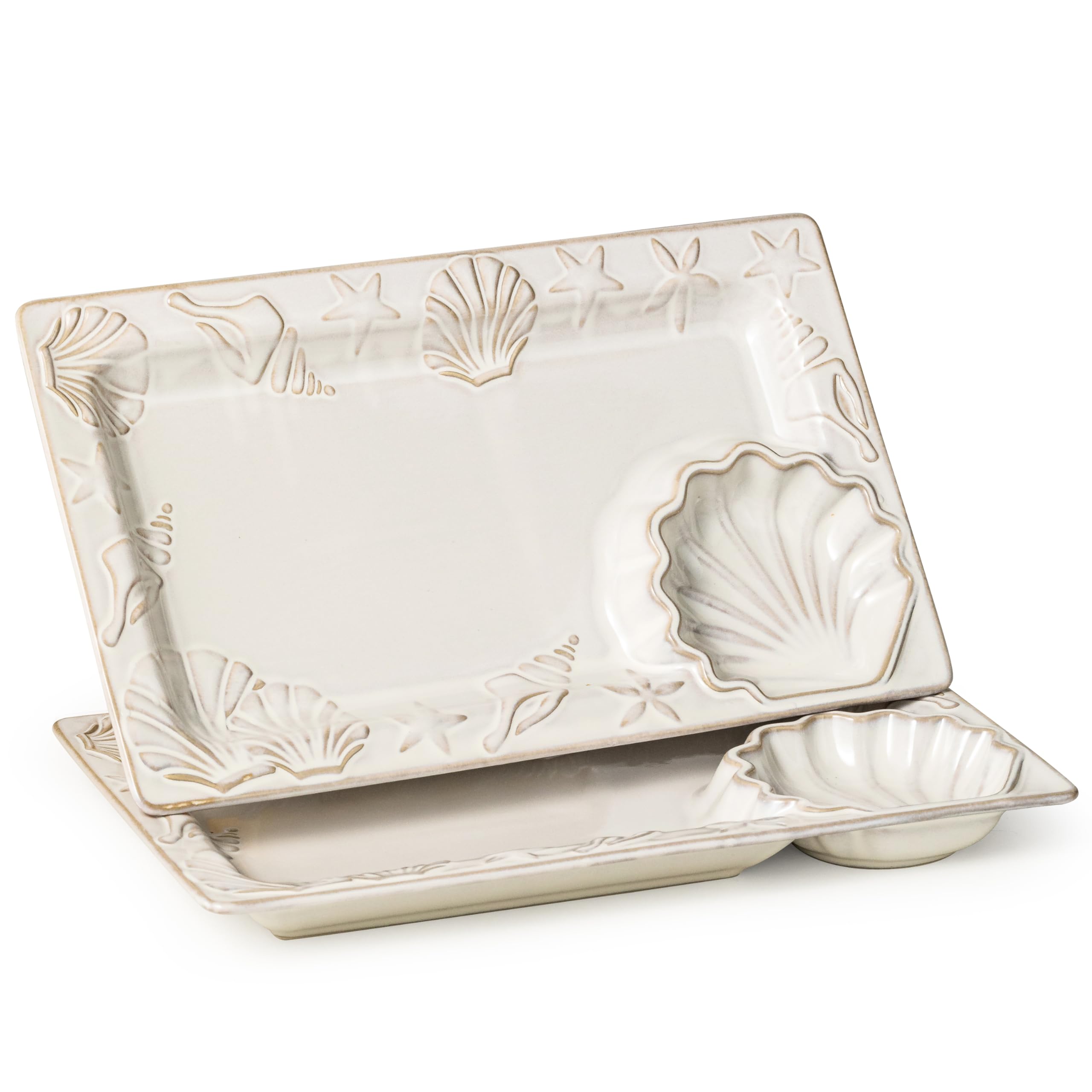 2-Piece Ceramic Serving Platter Set with Dipping Bowls - 14