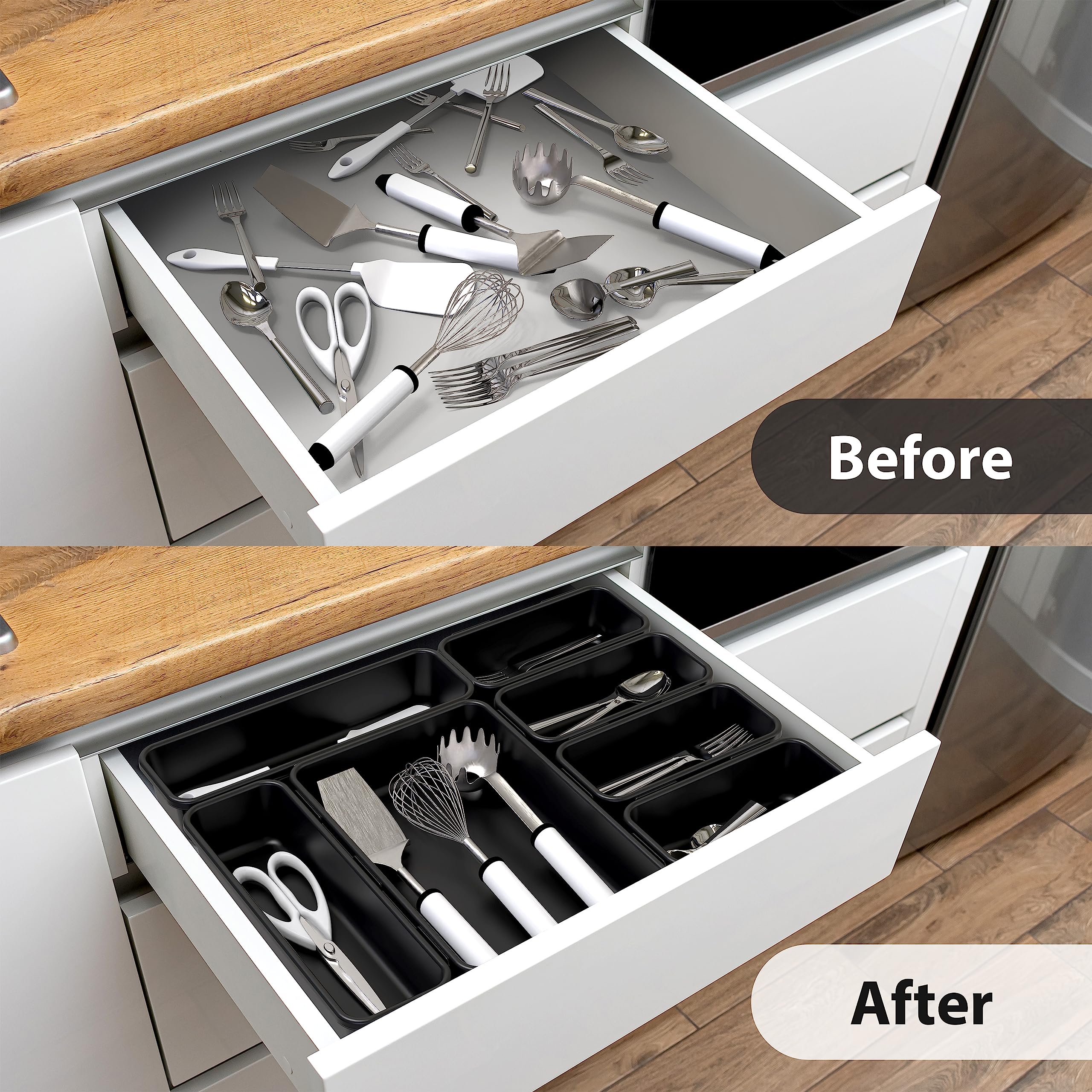 Interlocking Desk Drawer Organizer Bins - 10 Pack Black | Stackable Storage Containers for Office, Kitchen, Bathroom & Closet Organization