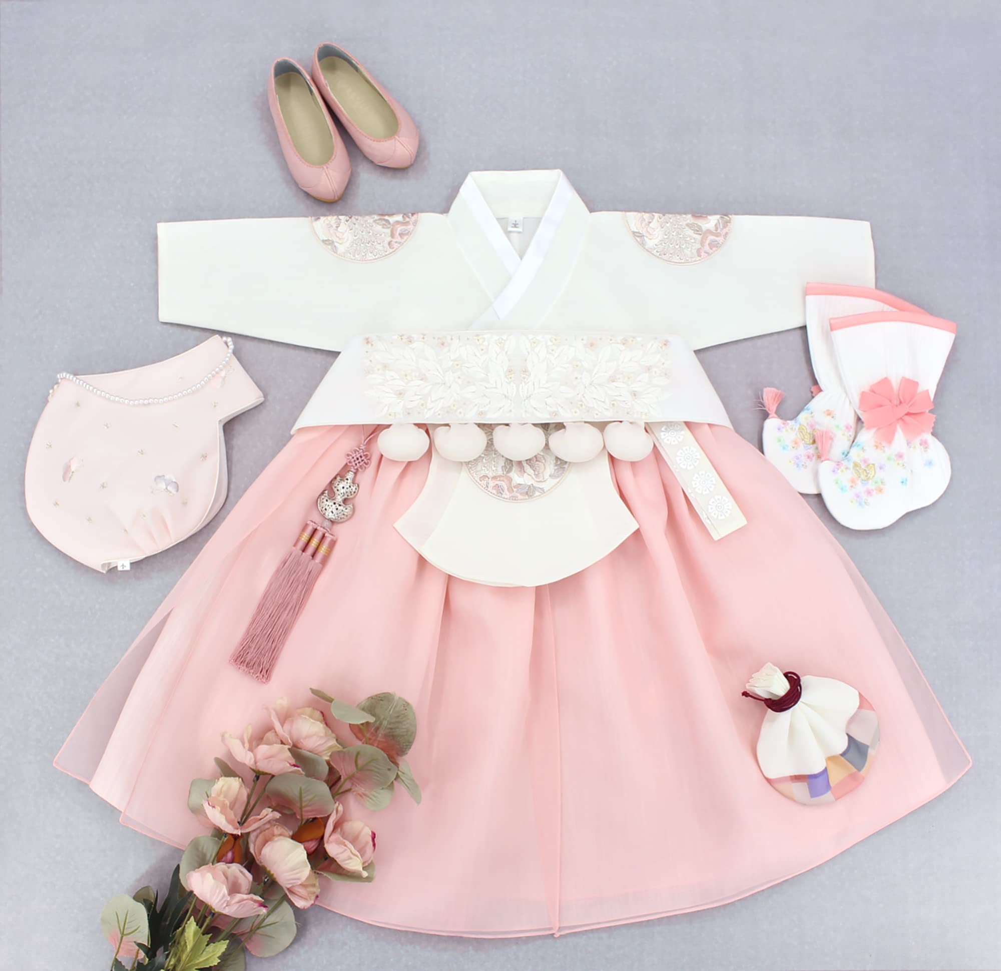 Hanbok Traditional Korean Dress for Baby Girls - Ivory Peach Patch Outfit Set | 100th Day & First Birthday Party Celebration | Perfect for Cultural Events, Photo Shoots & Special Occasions