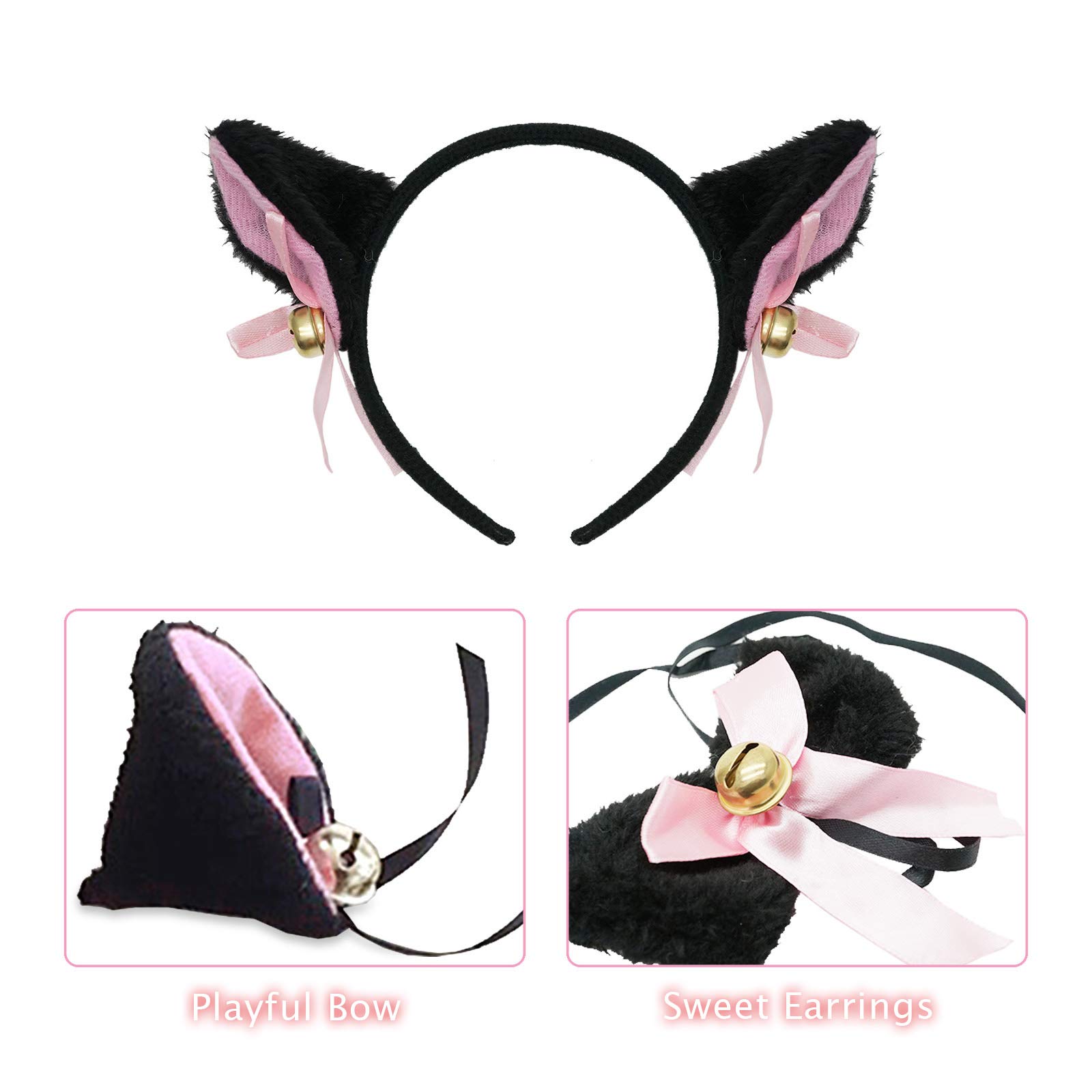 Abida Cat Cosplay Costume - 5 Piece Cat Ear & Tail Set with Collar, Paws Gloves & Vampire Teeth Fangs for Halloween, Cosplay Parties & Anime Conventions