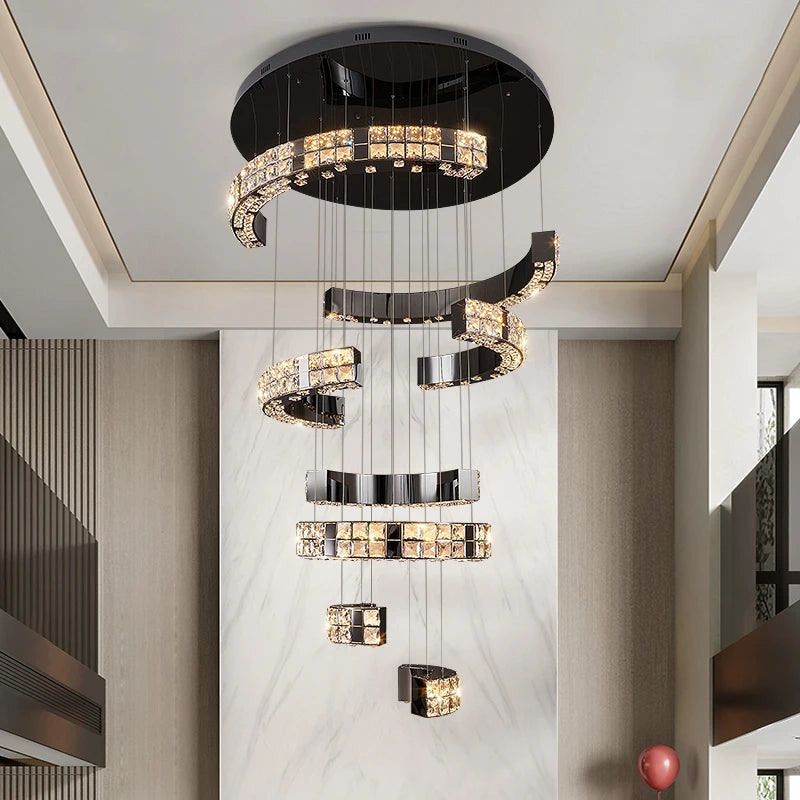 Stylish Aysha Black Crystal Chandelier for High Ceiling Entryway - Elegant Lighting Fixture for Foyer, Grand Hall & Luxury Home Decor