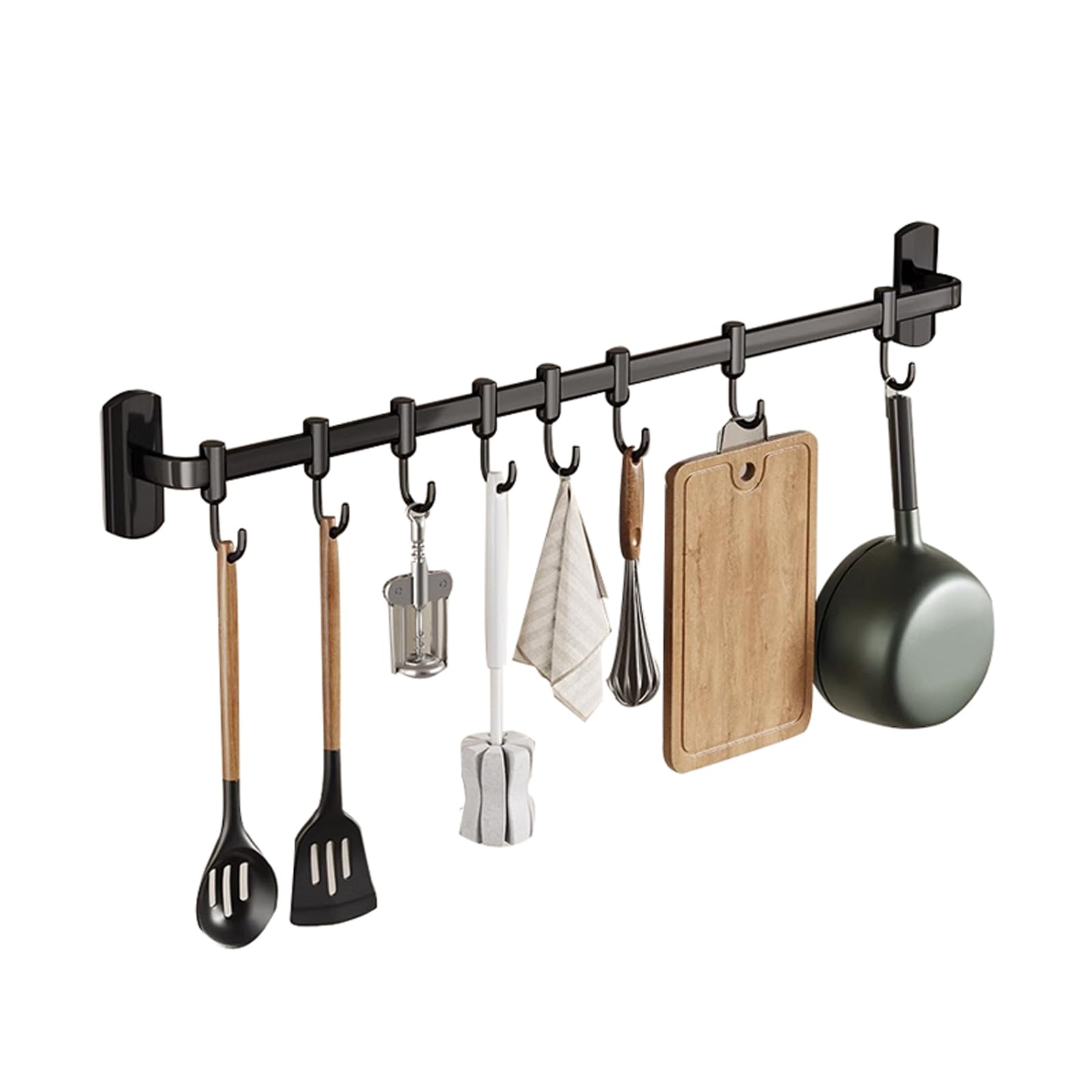 Stainless Steel Kitchen Rail with Hooks - 45cm Wall Mounted Utensil Holder Organizer for Spoons, Ladles & Cooking Tools - Perfect for Small Kitchen Space Saving & Organization (Black)