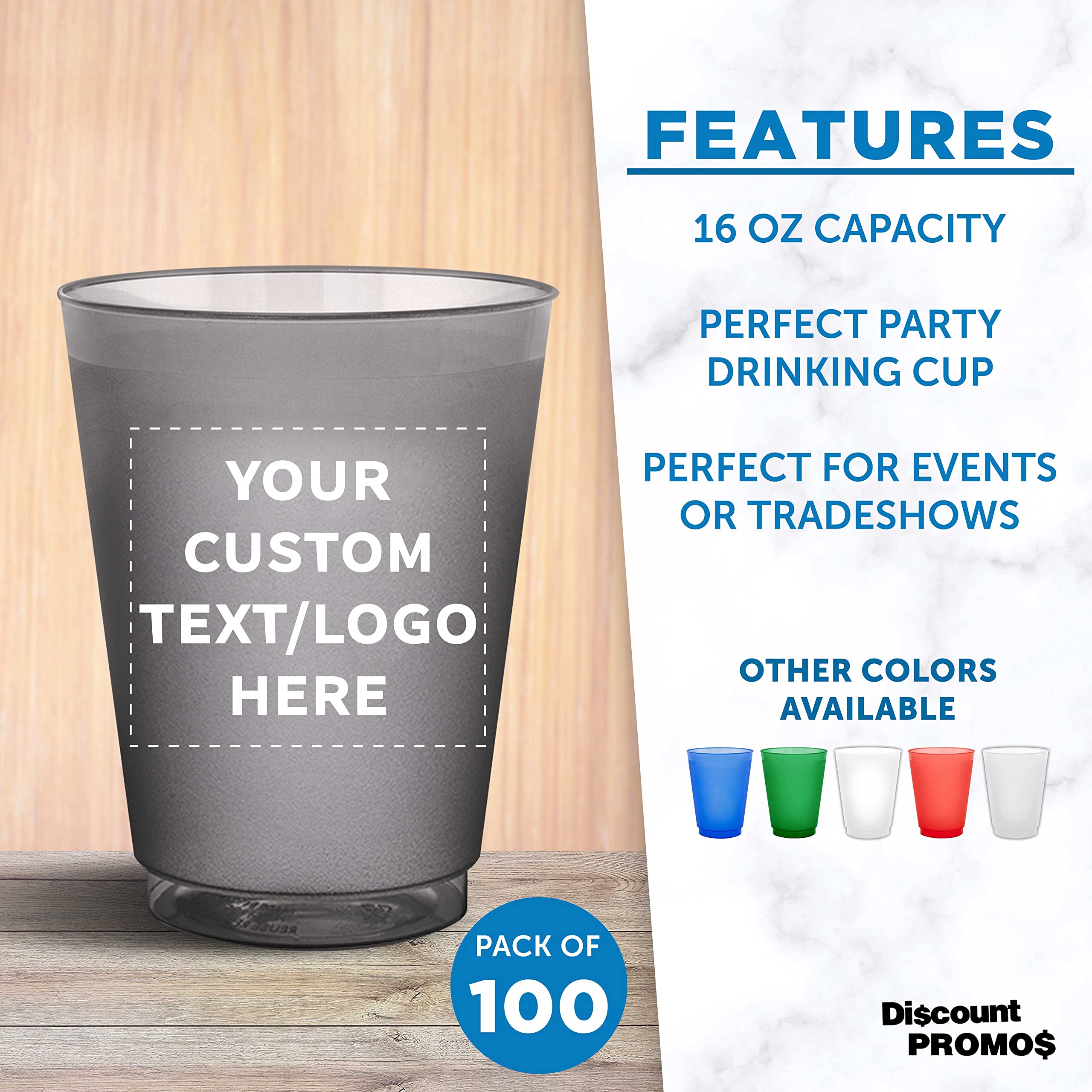 Custom Frosted Plastic Stadium Cups - 100 Pack with Promotional Text & Logo - 16 oz Shatterproof, Flexible, Reusable Party Cups - Perfect for Tailgates, BBQs, and Outdoor Events - Smoke Color