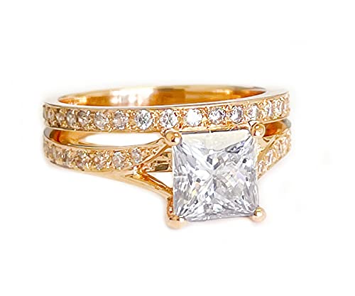 14K Solid Rose Gold Princess Cut Moissanite & Diamond Engagement Ring Set with Wedding Bands - 2.10ctw (Size 6.5) | Perfect for Proposals, Anniversaries & Bridal Jewelry Collection