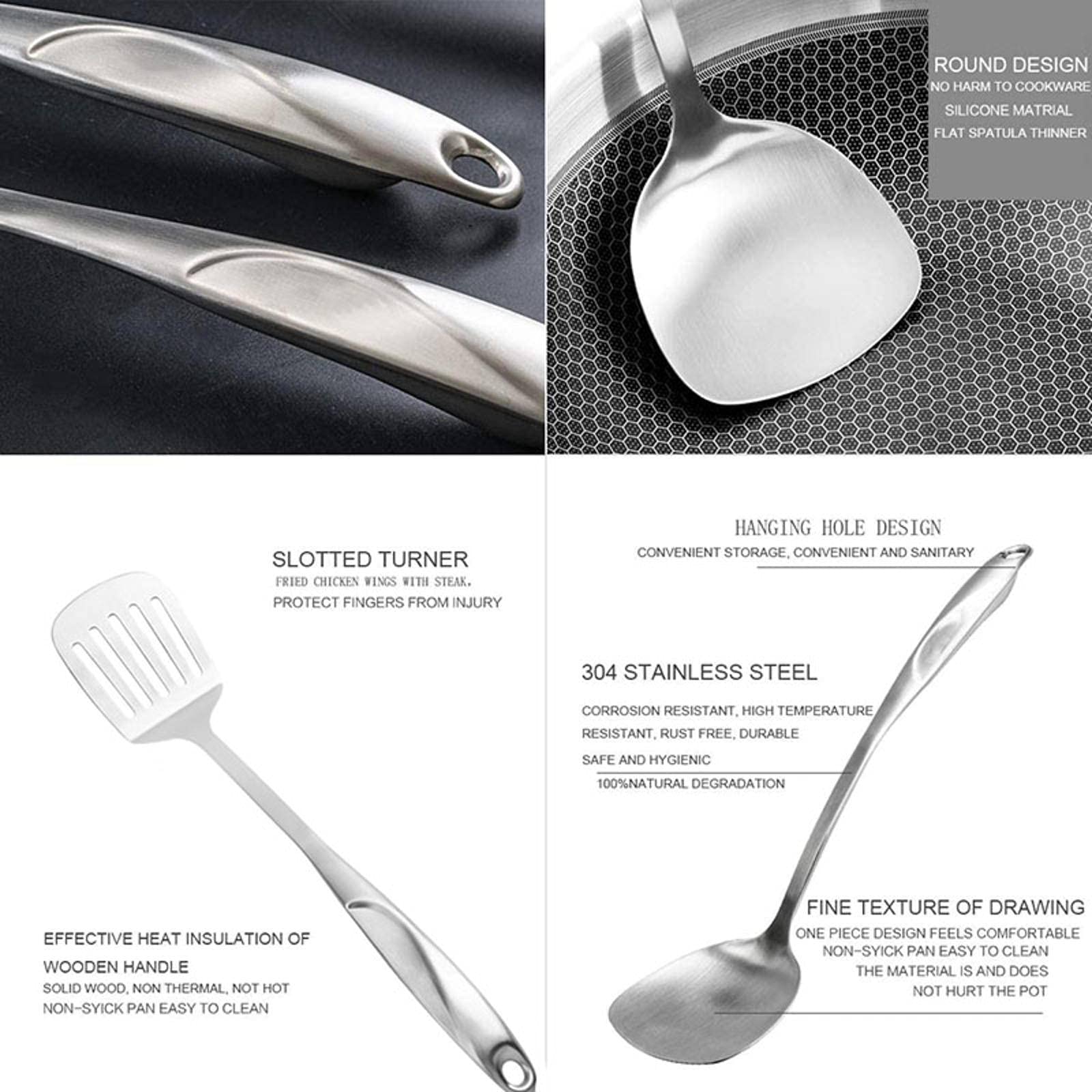 Premium 6-Piece Stainless Steel Kitchen Utensil Set - 304 Grade Cooking Tools with Rotating Holder (Includes Slotted Spoon, Spatula, Soup Ladle & More) - Perfect for Cooking, Baking & Serving - Dishwasher Safe & Durable
