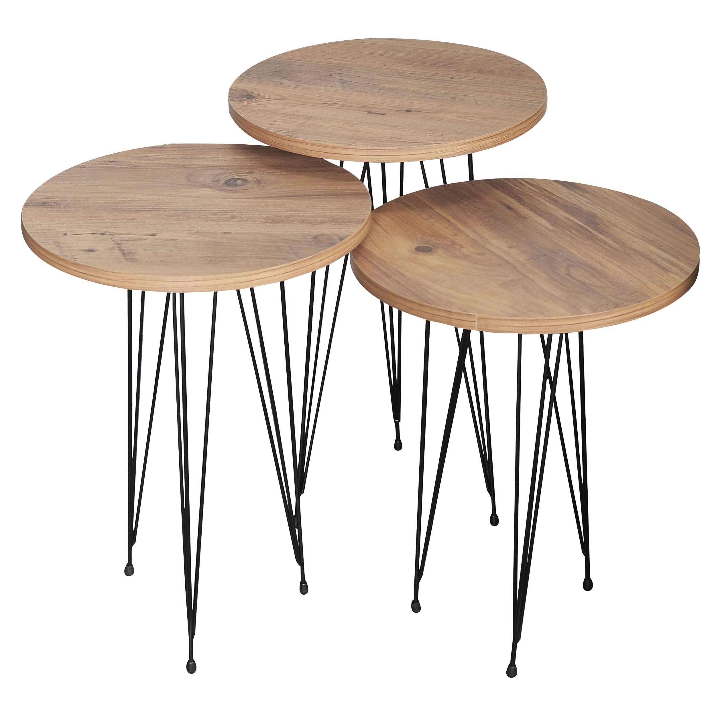 PAK HOME Set of 3 Round Pine Wood Nesting End Tables with Metal Legs - Stackable Coffee Side Accent Tables for Living Room, Bedroom Nightstand, Home Office - Perfect for Small Spaces, Apartment Decor & Modern Furniture Arrangement