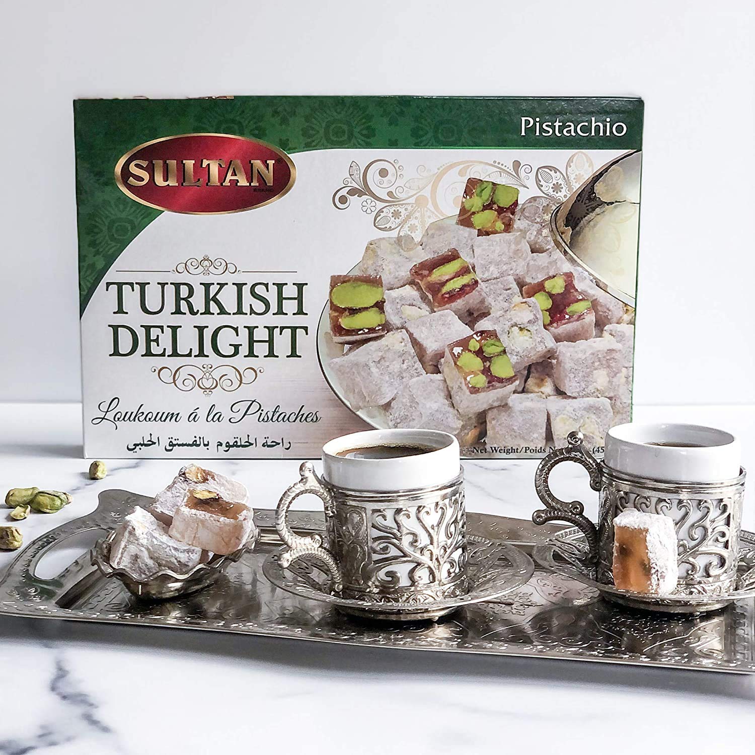 Premium Sultan Turkish Delight Pistachio - All Natural, No Preservatives, No Additives, Low Fat Gourmet Dessert - 16oz Gift Box for Holidays, Parties & Sweet Treat Lovers