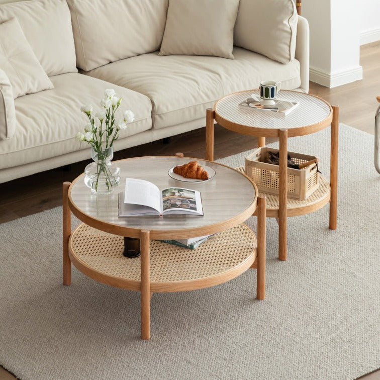Stylish Oak Solid Wood Coffee Table with Glass Top and Rattan Accents - Perfect for Living Room, Lounge, and Home Decor