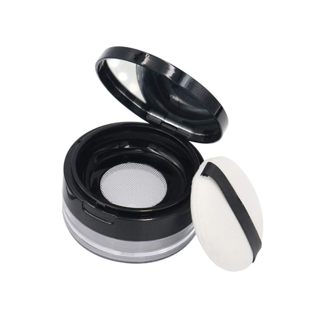 20ml (0.67 oz) Reusable Plastic Loose Powder Container - Empty Makeup Case with Mirror, Sponge Puff & Elastic Sifter - DIY Cosmetic Storage for Travel & Home Use (Black)