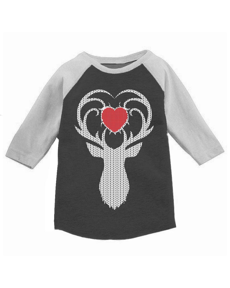 Awkward Styles Boys Girls Ugly Christmas T-Shirt - White Deer Xmas Heart Raglan Shirt for Kids | Funny Holiday Party Outfit & Family Matching Christmas Pajamas