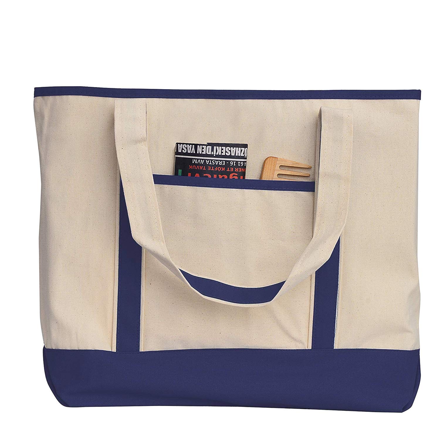 Premium Heavy Duty Canvas Two-Tone Boat Tote Bags with Front Pocket - Waterproof Beach Bag, Grocery Shopping Tote, Travel Carryall by TBF Bags (Set of 2, Navy Blue, Medium Size) - Perfect for Beach Trips, Market Runs & Weekend Getaways