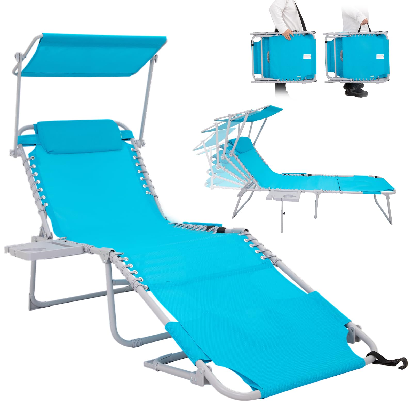 WEJOY Folding Tanning Chair with Face Hole - Adjustable Backrest, Canopy Shade, Side Table & Storage Pocket - Portable Chaise Lounge for Beach, Pool, Patio, Camping & Backyard Sunbathing | Perfect for Relaxing, Reading & Outdoor Lounging