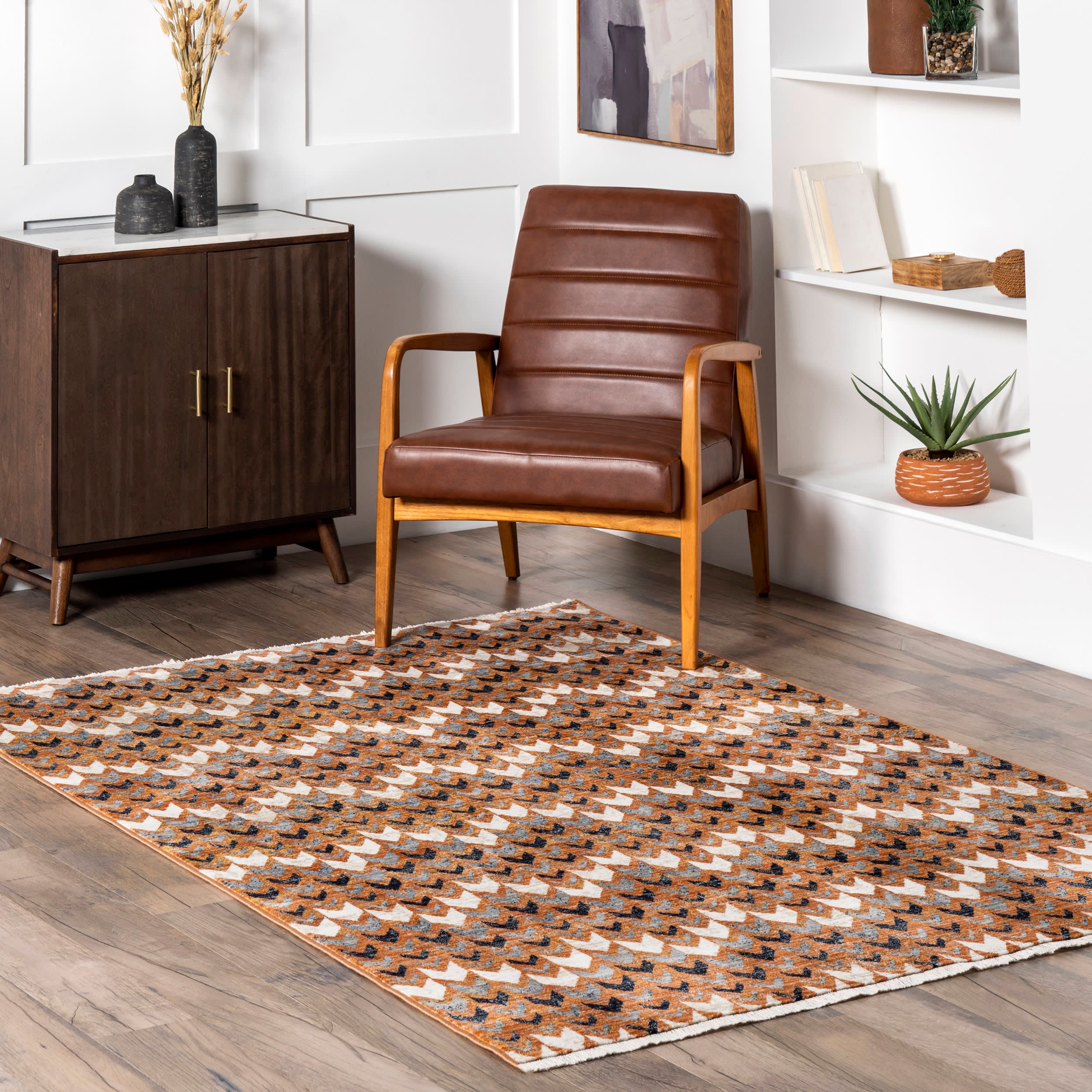 Deedra Geometric Banded Rug in Rust - Modern Bohemian Area Rug for Living Room, Bedroom & Home Decor