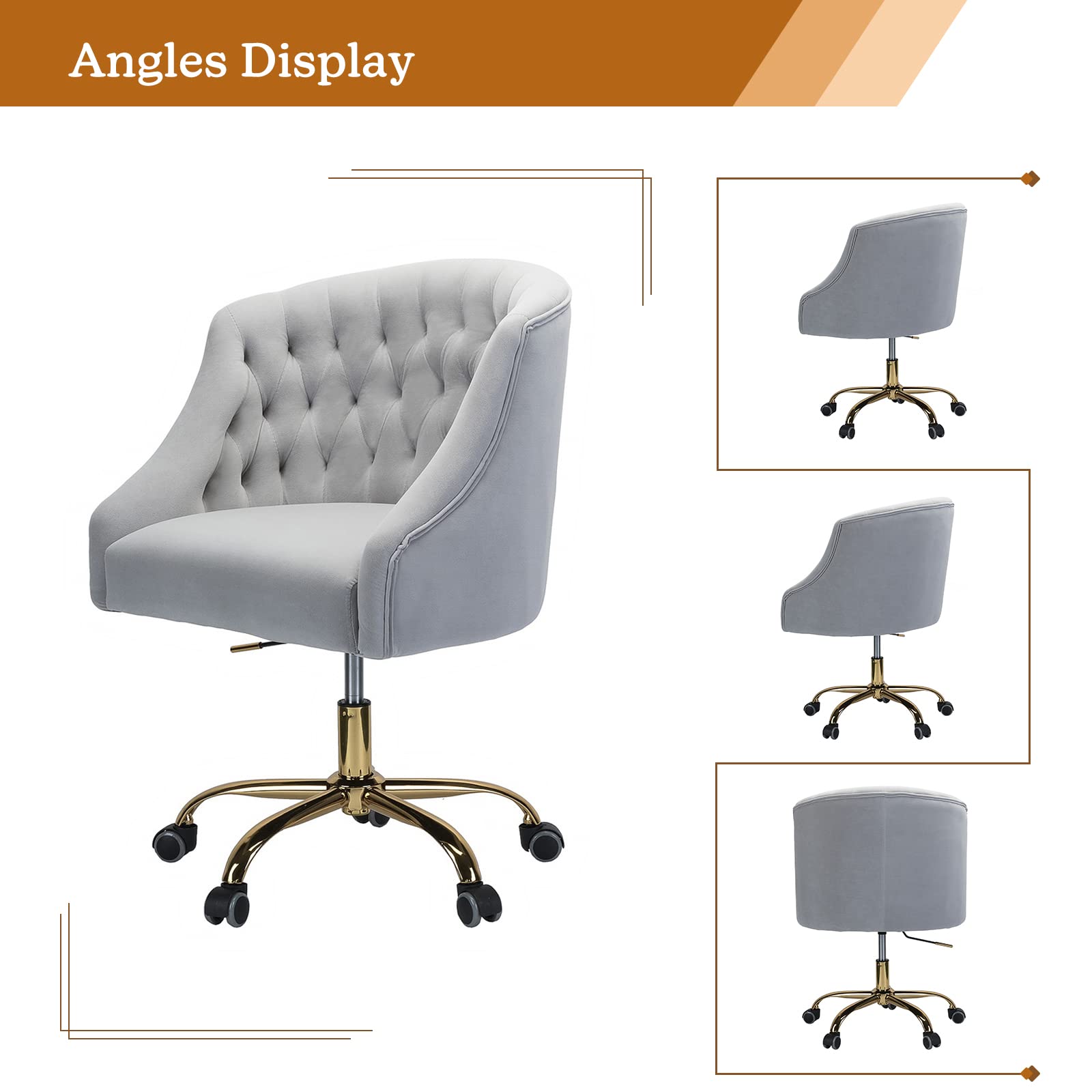 Luxury Velvet Home Office Chair with Gold Base - Modern Adjustable Swivel Task Chair for Living Room, Bedroom & Study - Ergonomic Comfort Desk Chair (Grey) - Perfect for Remote Work, Gaming & Vanity Areas