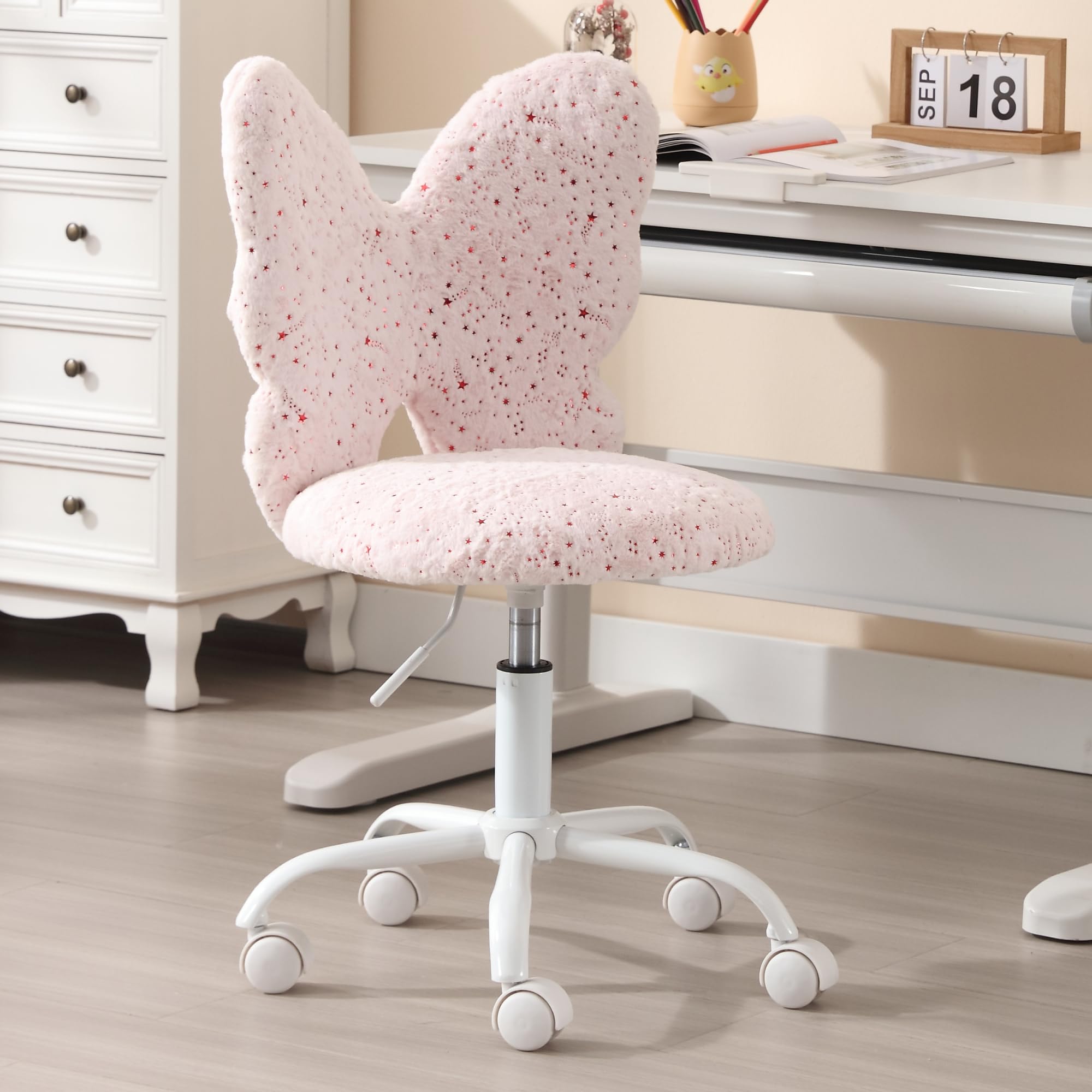 Kmax Adjustable Kids Desk Chair with Wheels - Soft Faux Fur Butterfly Swivel Chair for Children, Pink | Perfect for Bedroom, Study Room & Home Office Use