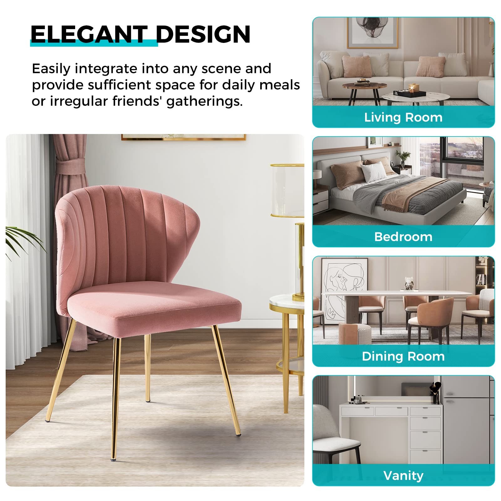 TINA'S HOME Modern Velvet Dining Chairs with Golden Metal Legs - Pink Tufted Upholstered Accent Chair for Living Room, Kitchen, Vanity & Beauty Salon | Elegant Small Seating for Home, Patio & Office