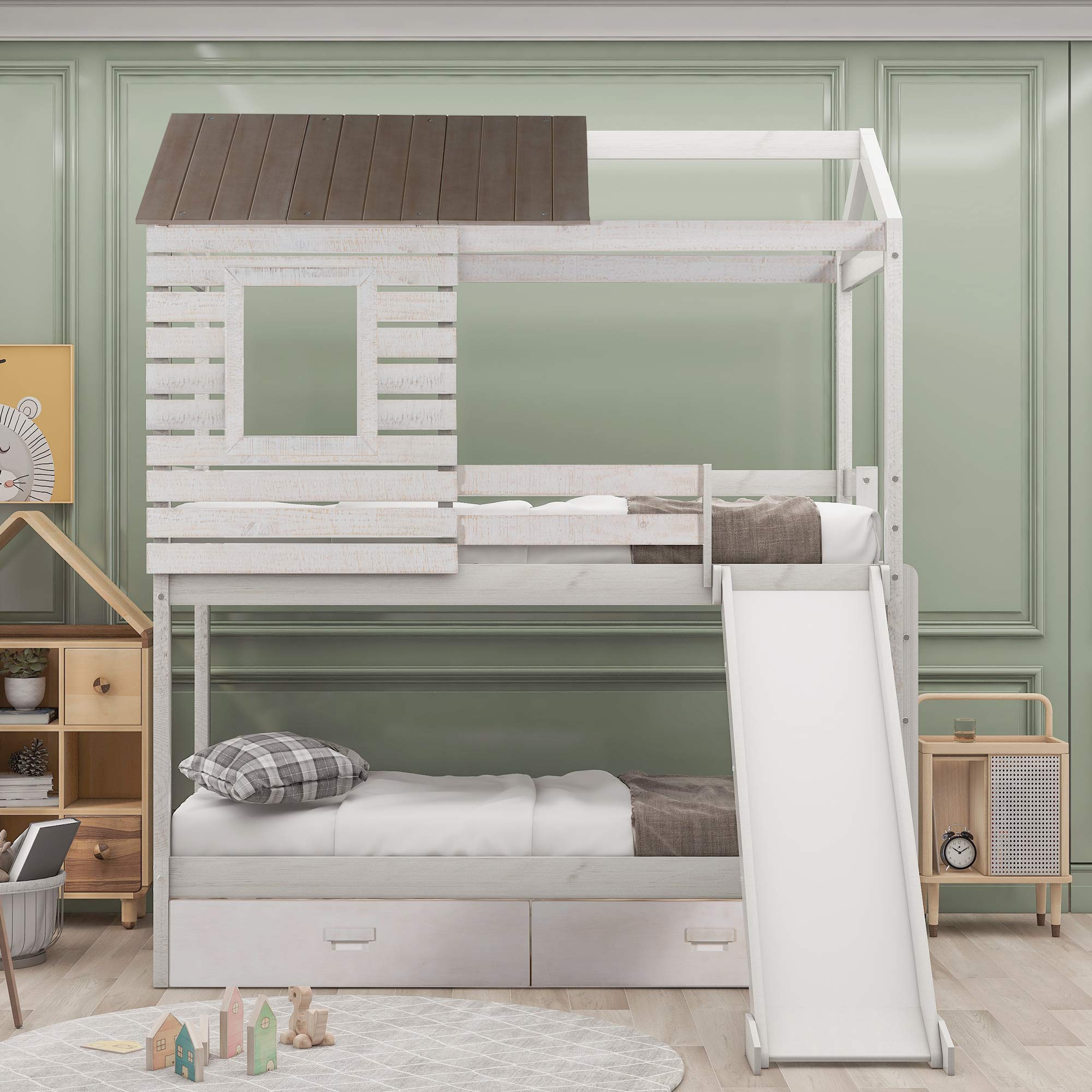 Twin Over Twin Bunk Bed with Roof, Window & Slide for Kids & Teens - Low Toddler Wooden Bunk Bed with 2 Storage Drawers, No Box Spring Needed - Perfect for Small Bedrooms, Playrooms & Sleepovers