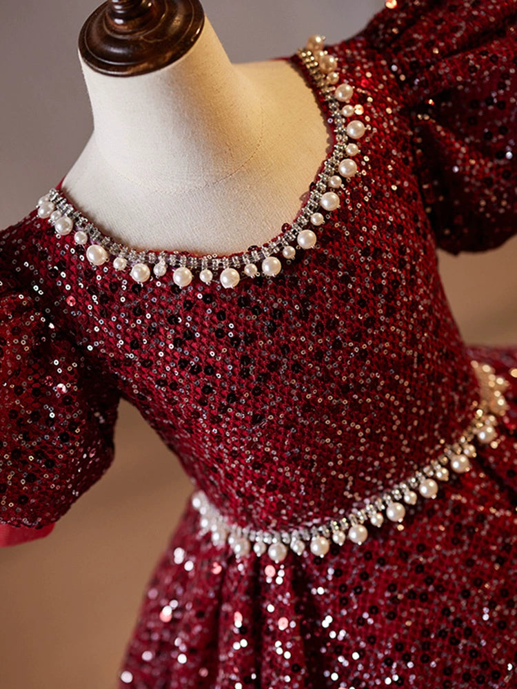 Burgundy Princess Scoop Floor Length Sequined Flower Girl Dress for Weddings, Pageants & Special Occasions – Elegant Formal Gown for Kids