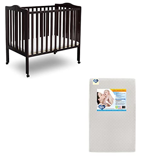 Delta Children Folding Portable Mini Baby Crib with Twinkle Stars 3-Inch Waterproof Mattress - Dark Chocolate | Compact Travel Crib for Nursery, Bedroom & On-The-Go Use