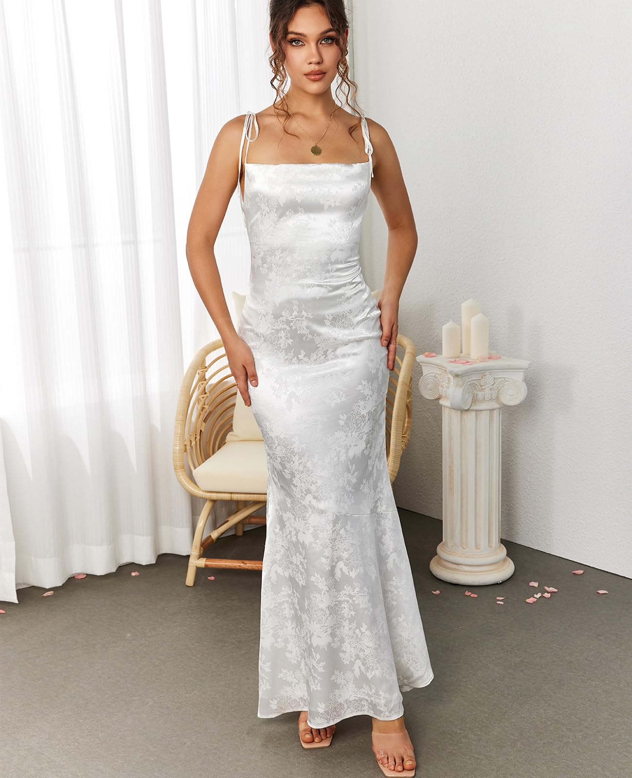 GLNEGE Women's Satin Bodycon Maxi Dress - Elegant Formal Spaghetti Strap Cowl Neck Evening Party Gown for Prom, Wedding Guest & Cocktail Dresses | Perfect for Date Night, Bridesmaid & Special Occasions