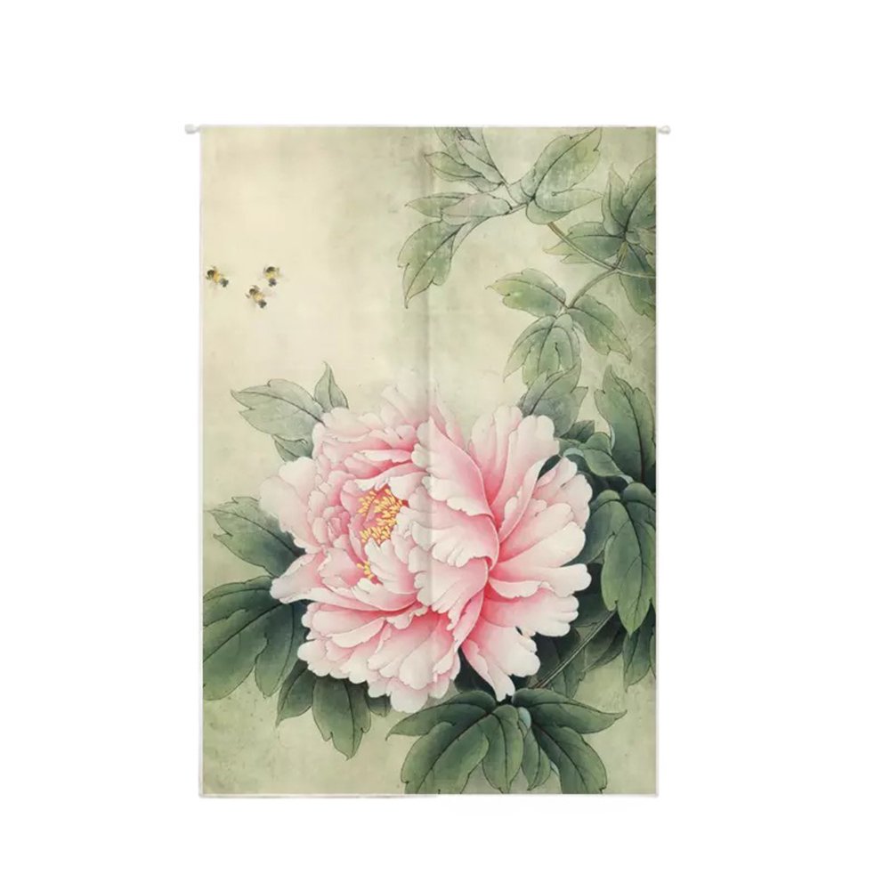 Oncefirst Japanese Noren Door Curtain - Linen Tapestry with Peony Design, 31.5