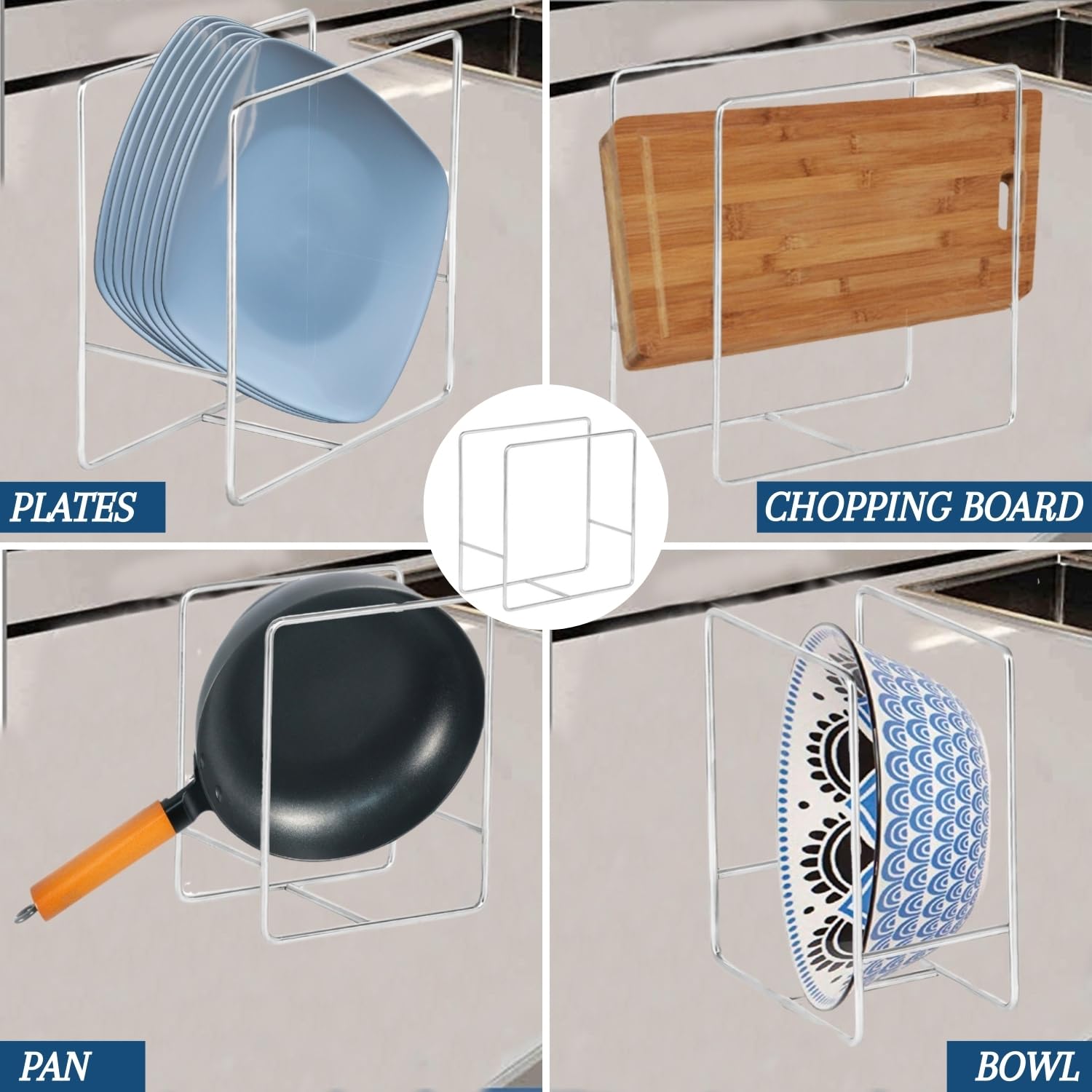 YUMUN 2-Piece Stainless Steel Square Plate Rack Set - Large & Small Kitchen Organizer for Dish Lids, Bowls, Plates - Space Saving Tiered Shelf for Cabinet, Countertop or Cupboard Storage - Perfect for Small Kitchens, Restaurants and Home Organization