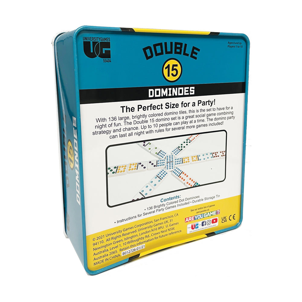 Premium Double 15 Color Dot Dominoes Set - 190 Pieces with Durable Metal Storage Tin - Classic Family Game for Parties, Travel & Game Nights