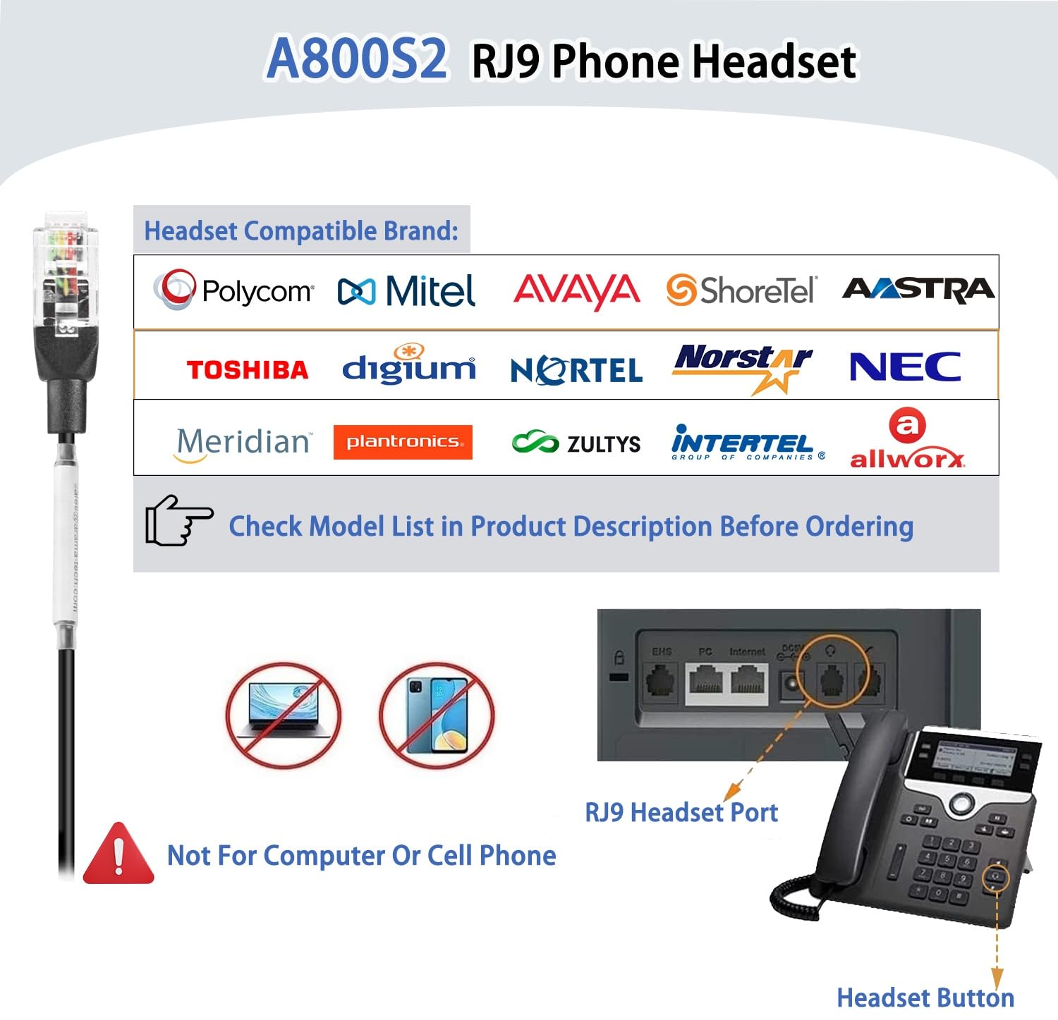 A800S2 Mono Corded Telephone Headset with Noise Canceling Microphone - Compatible with ShoreTel, Plantronics, Polycom, Zultys, Toshiba, NEC Aspire, Dterm, Nortel Norstar, Meridian, Packet8 Landline Desk Phones - Ideal for Office, Call Center, and Customer Service Use