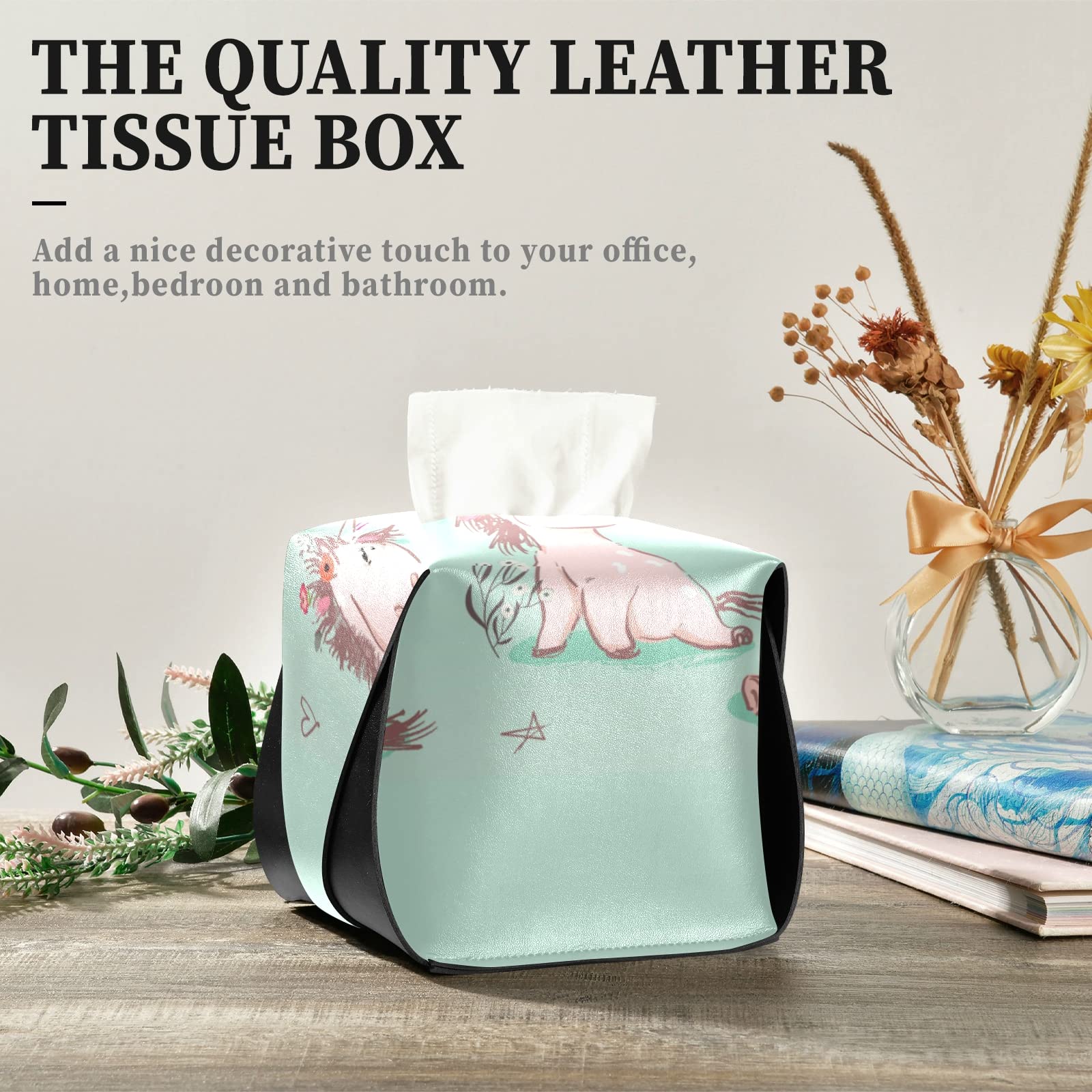 **Cute Cartoon Pink Unicorn Tissue Box Cover - Seamless Turquoise Leather with Handle - 9.4x5.1x3.6 Inches - Perfect for Bathroom, Home, Office, Car & Nightstand Decor**    *(Use Scenes: Adds a whimsical touch to your bathroom vanity, brightens your office desk, or keeps your car tissues stylishly organized!)*