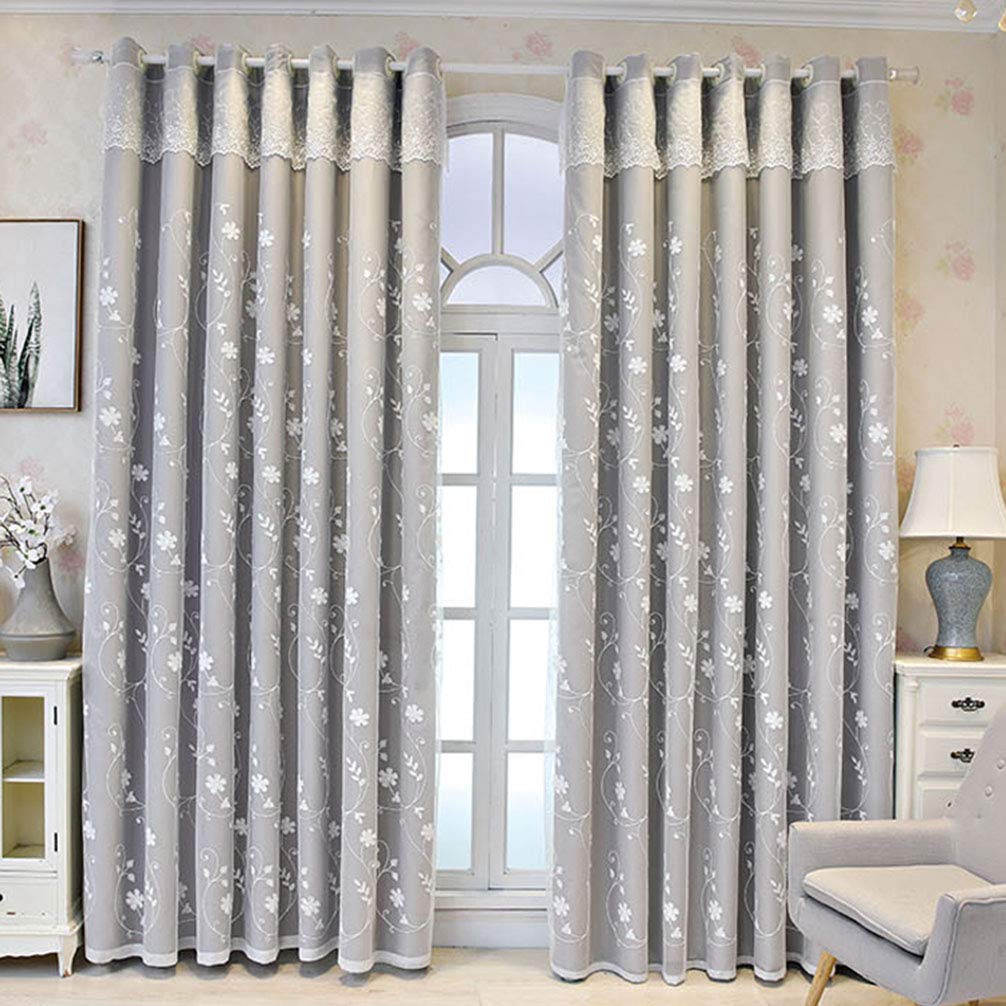 Lace Embroidery Double Layer Blackout Curtains for Girls Bedroom - Thermal Insulated Blackout Drapes with Eyelet Design, Light Blocking Window Panels for Living Room & Bedroom (1 Panel, Gray/Pink/Purple) - Perfect for Nursery, Teen Room & Home Decor